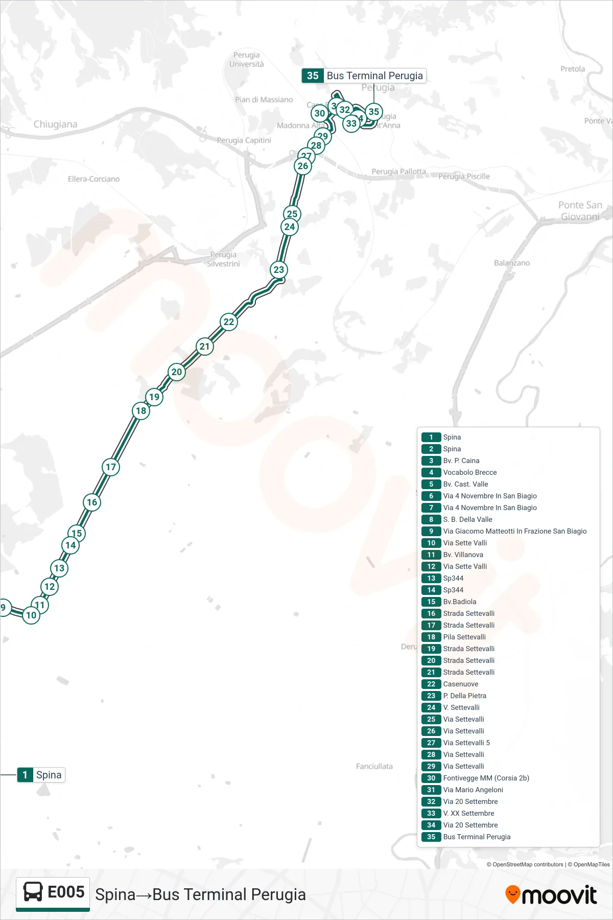 E005 bus Line (Spina→Perugia Bus Terminal) route and stops on a map