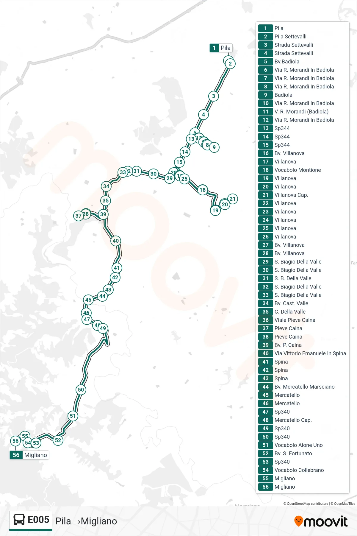 Linea E005  bus (Pila‎→Migliano) - Percorsi e fermate sulla mappa