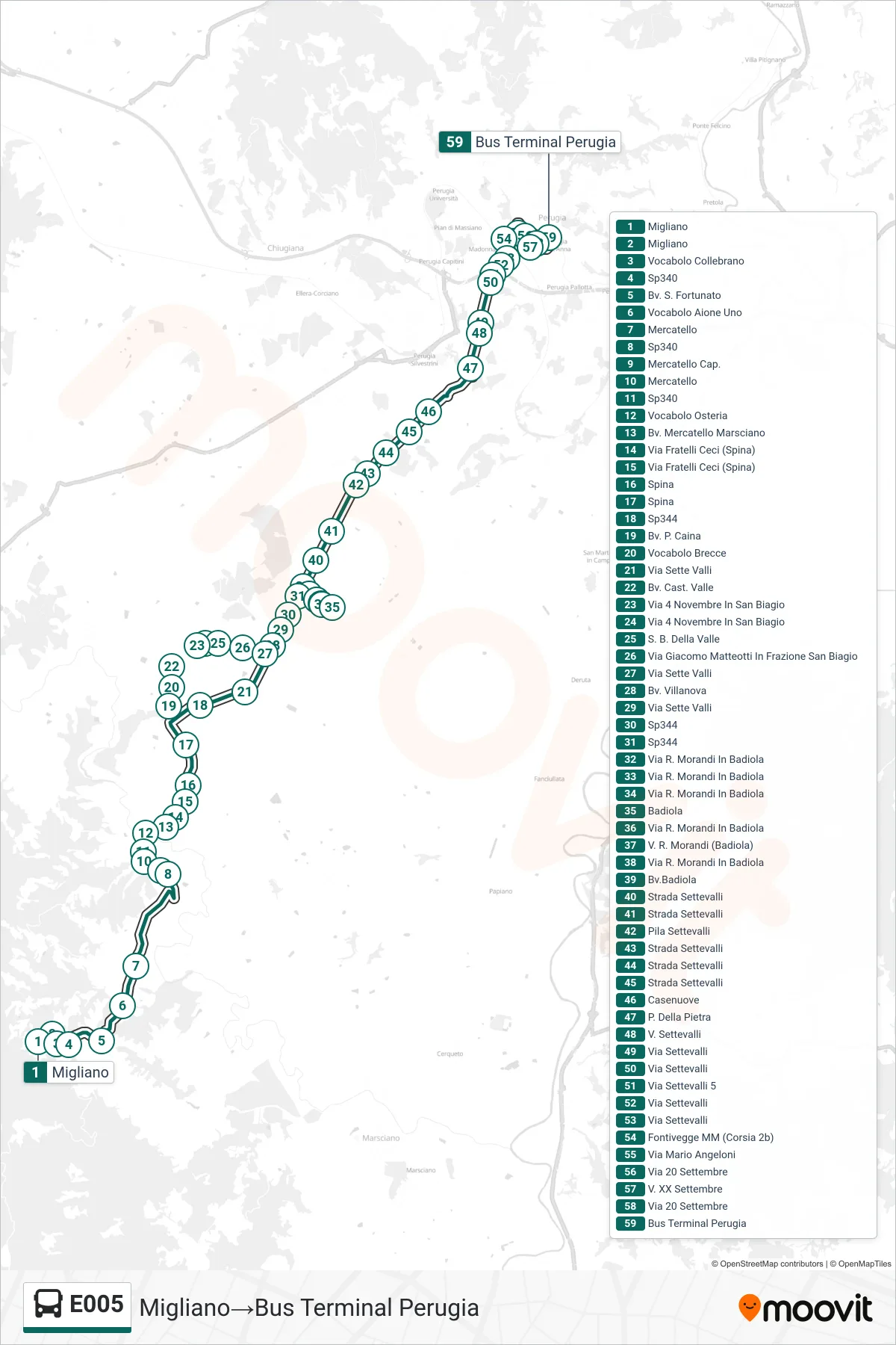 Linea E005 bus (Migliano→Bus Terminal Perugia) - Percorsi e fermate sulla mappa