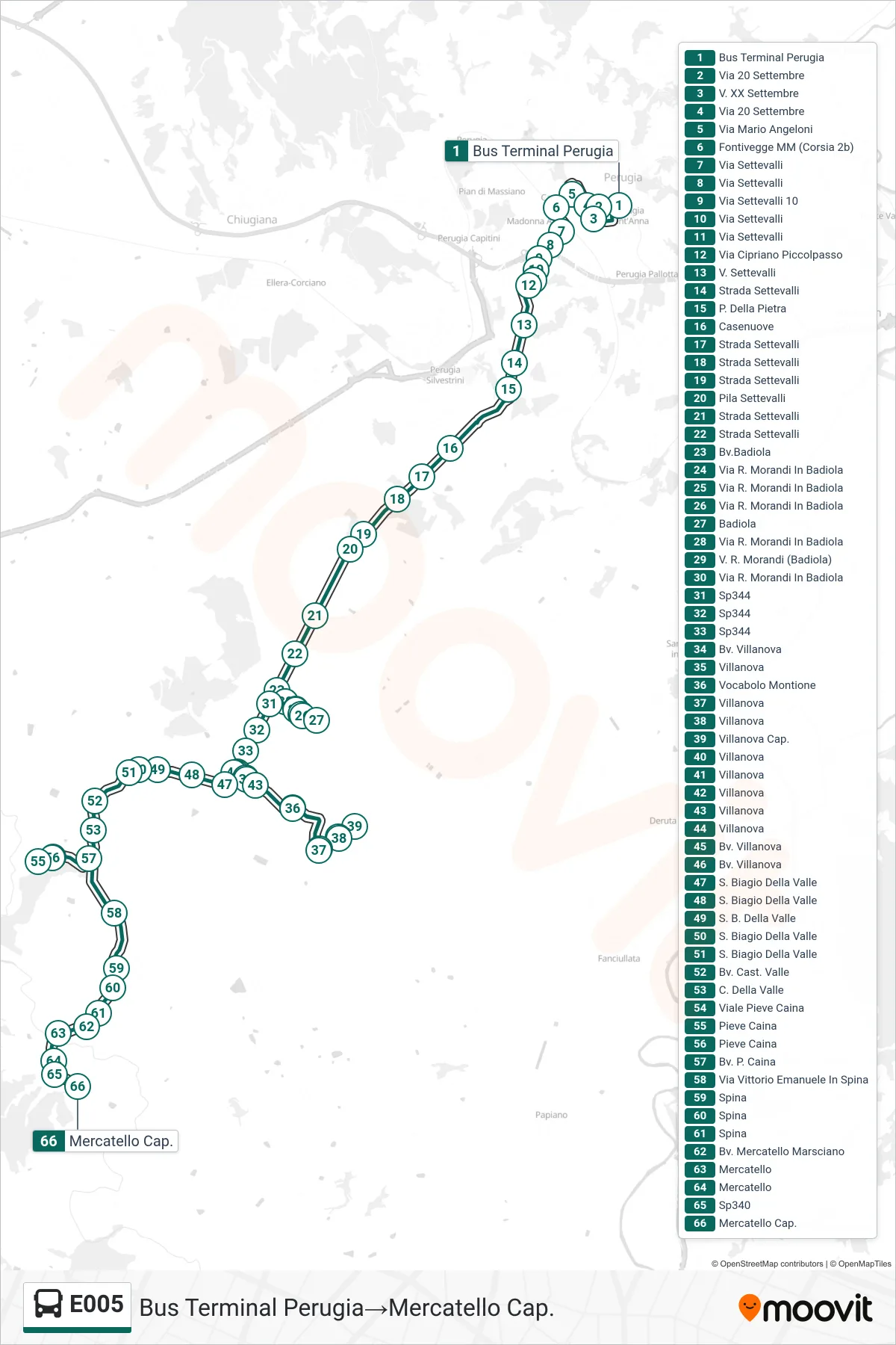 Linea E005 bus (Bus Terminal Perugia→Mercatello Cap.) - Percorsi e fermate sulla mappa