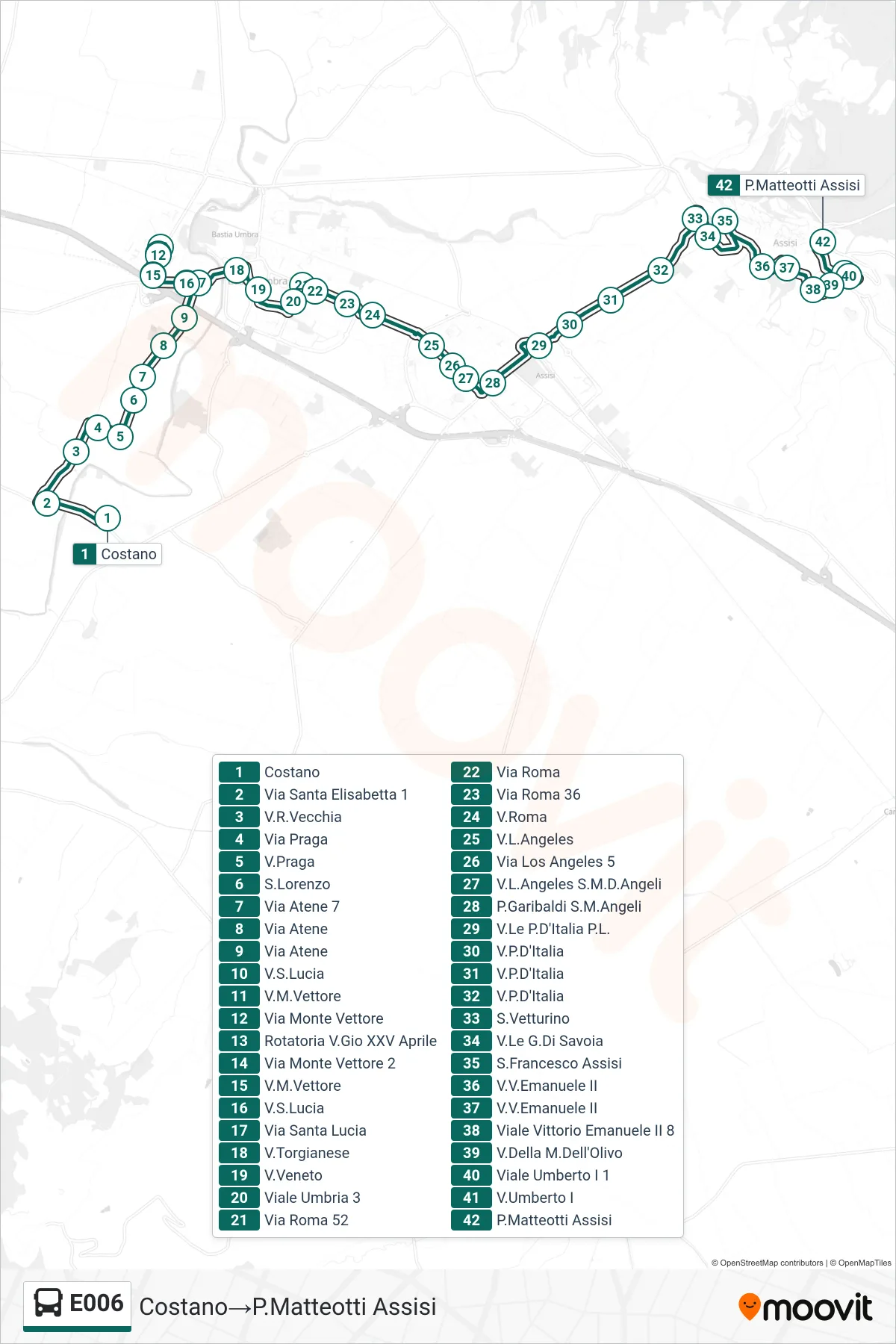 E006 bus Line (Costano→Piazza Matteotti Assisi) route and stops on a map