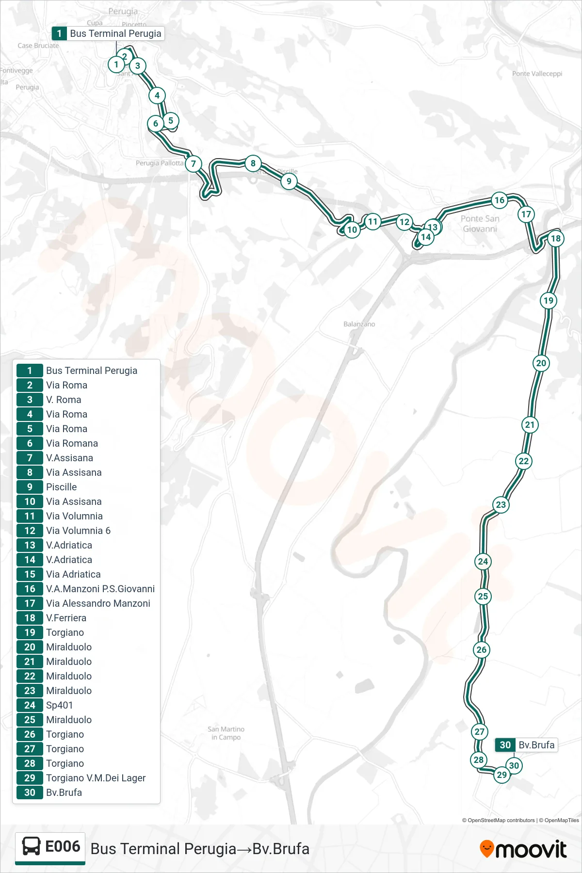 Linea E006  bus (Bus Terminal Perugia‎→Bv.Brufa) - Percorsi e fermate sulla mappa