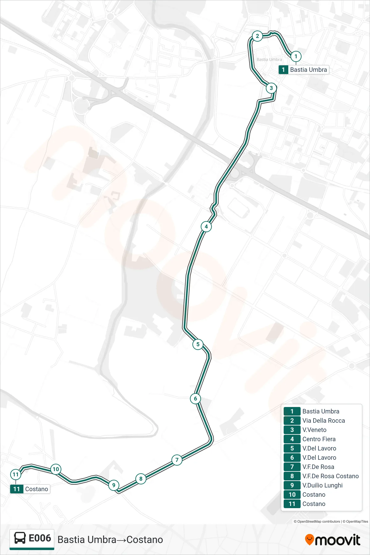 Linea E006  bus (Bastia Umbra‎→Costano) - Percorsi e fermate sulla mappa