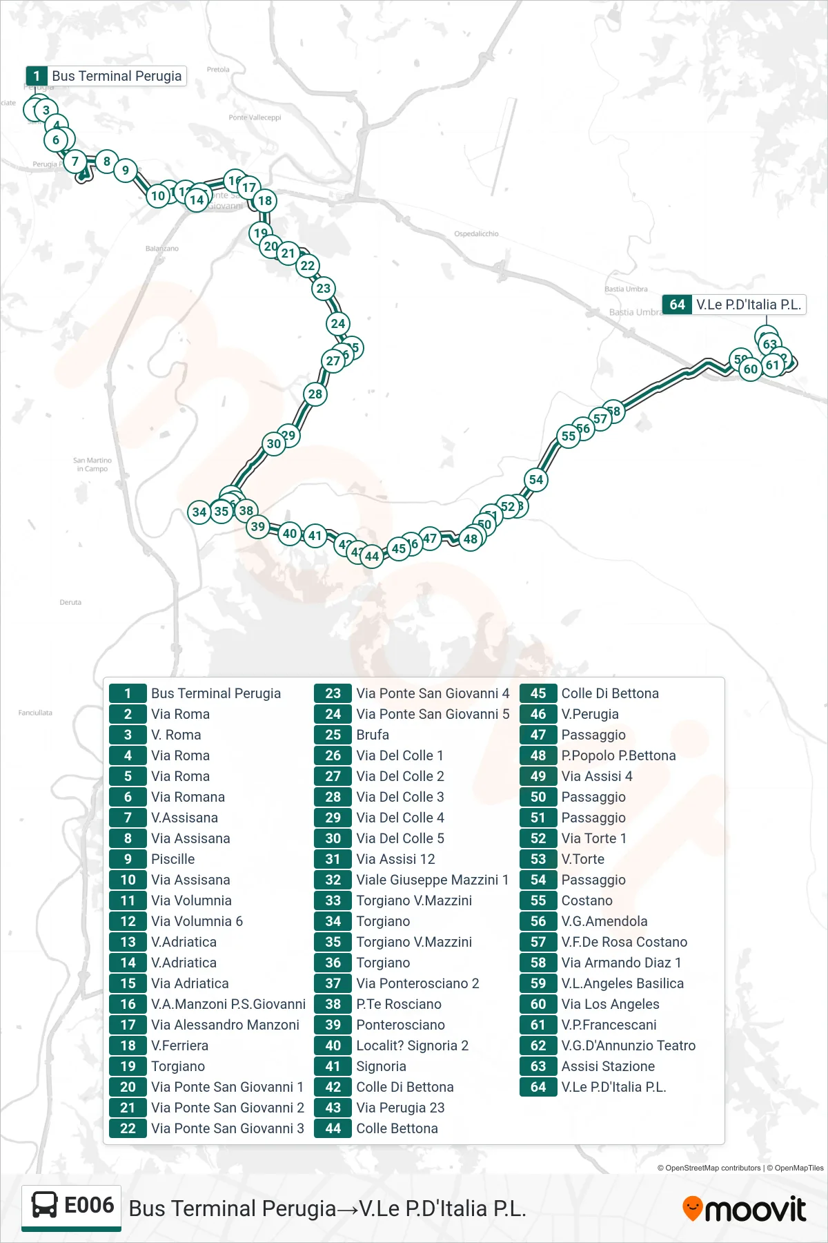 E006 bus Line (Perugia Bus Terminal→Viale Porta D'Italia Railway) route and stops on a map