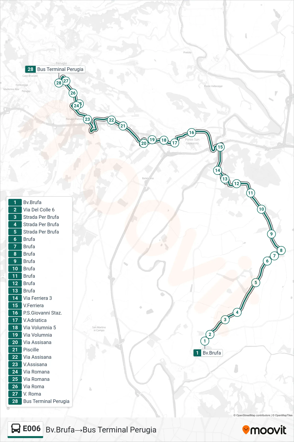 Linea E006 bus (Bv.Brufa→Bus Terminal Perugia) - Percorsi e fermate sulla mappa