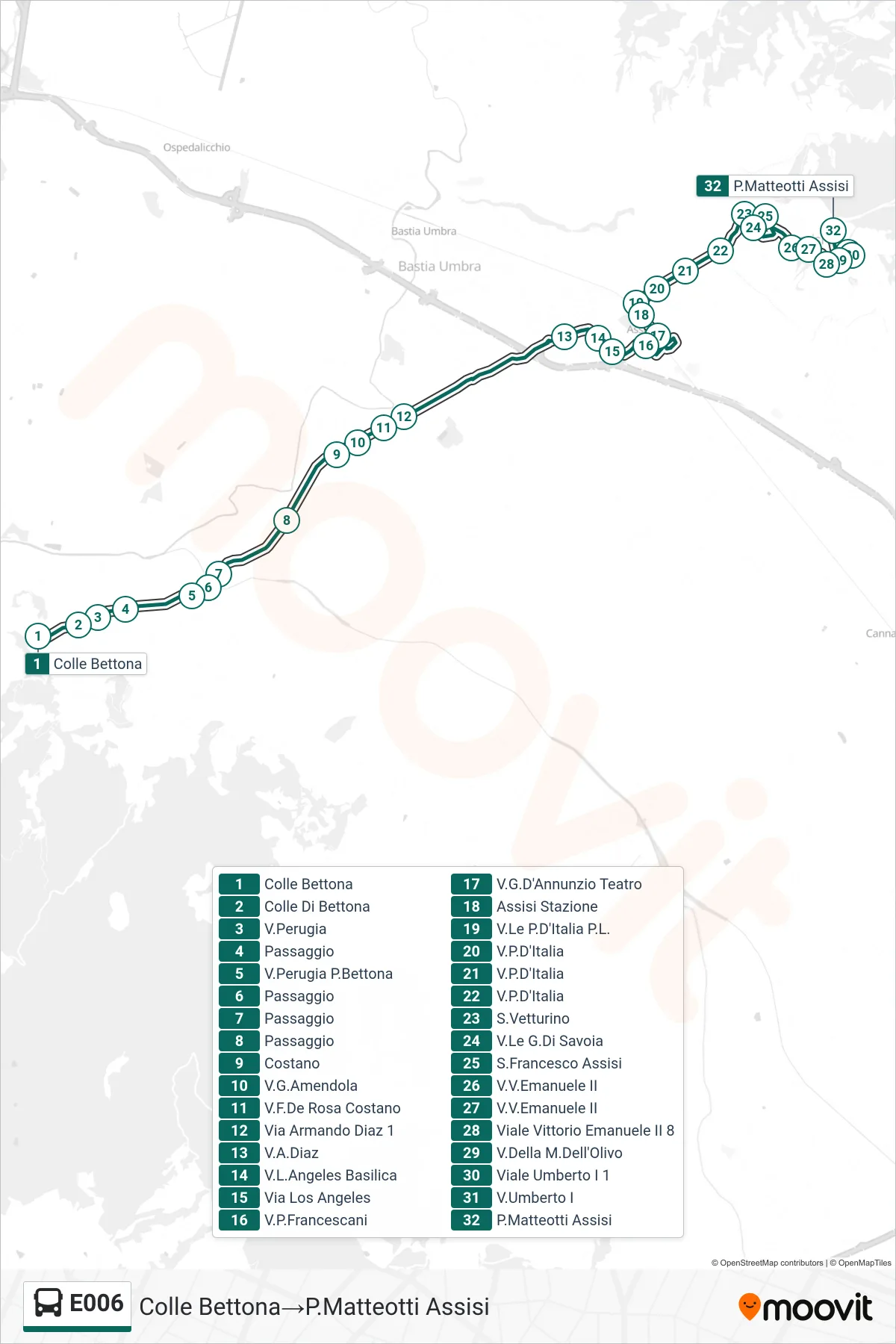 Linea E006  bus (Colle Bettona‎→P.Matteotti Assisi) - Percorsi e fermate sulla mappa