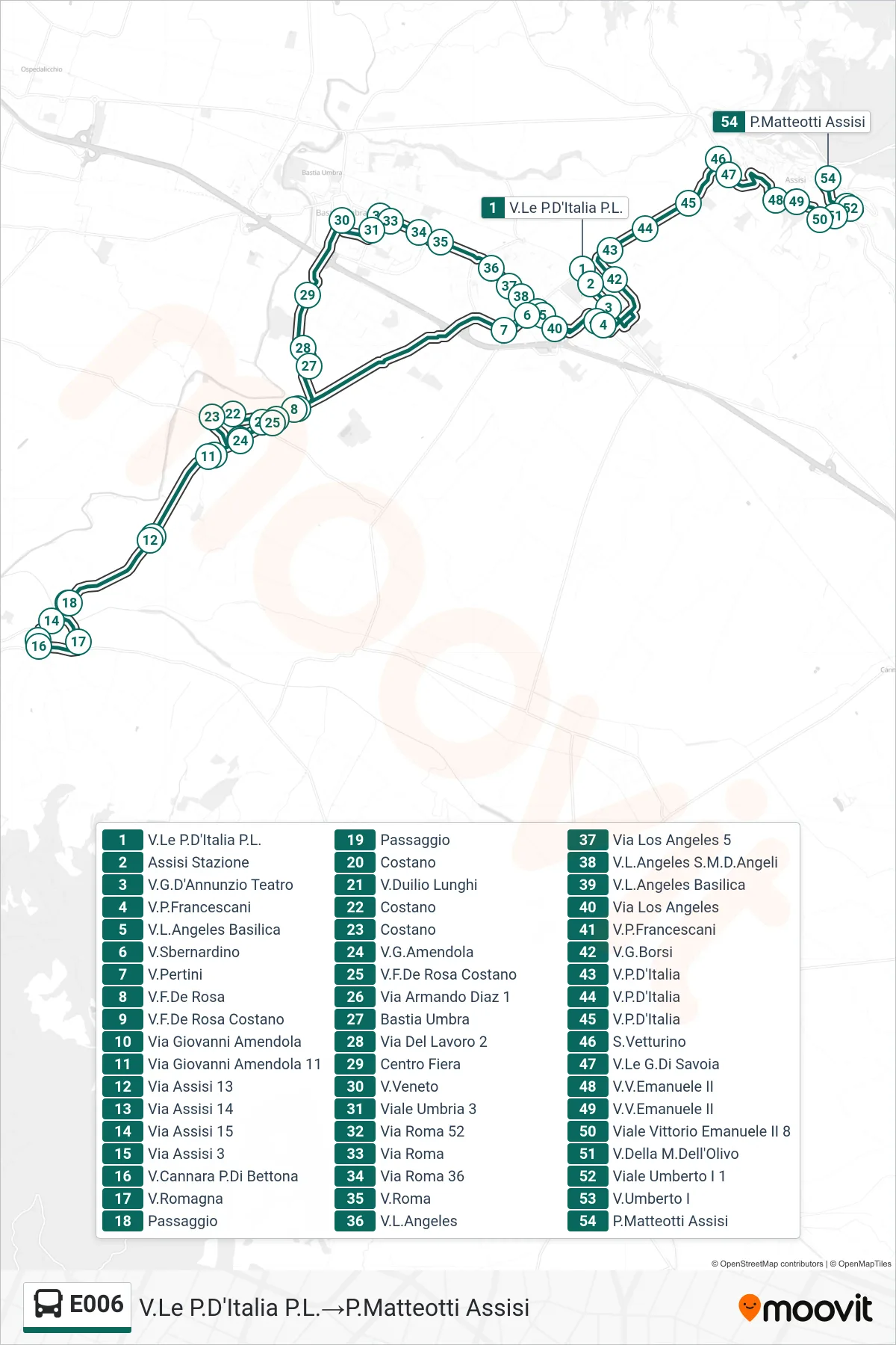 E006 bus Line (Viale Porta D'Italia Railway→Piazza Matteotti Assisi) route and stops on a map