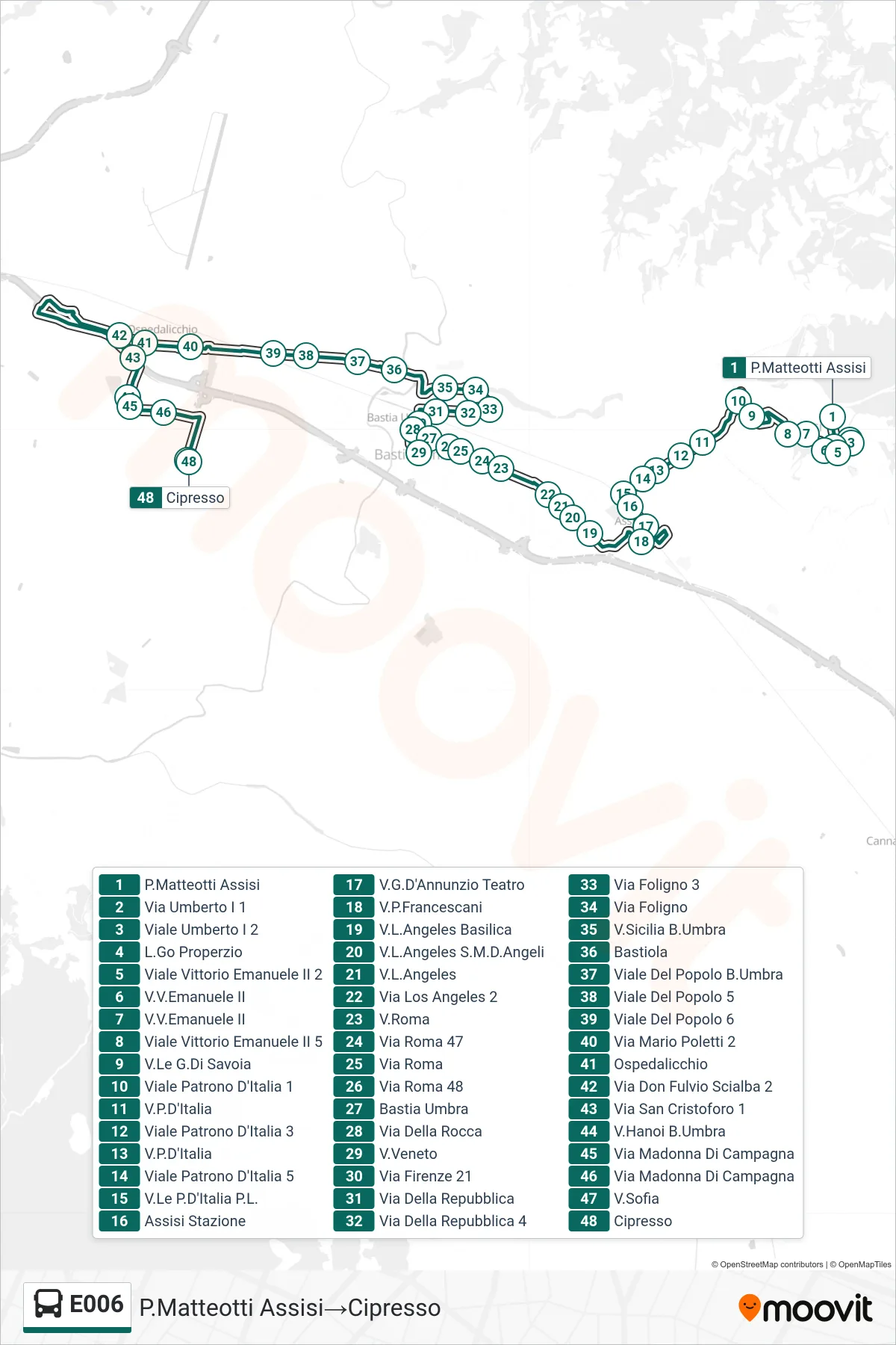 Linea E006  bus (P.Matteotti Assisi‎→Cipresso) - Percorsi e fermate sulla mappa