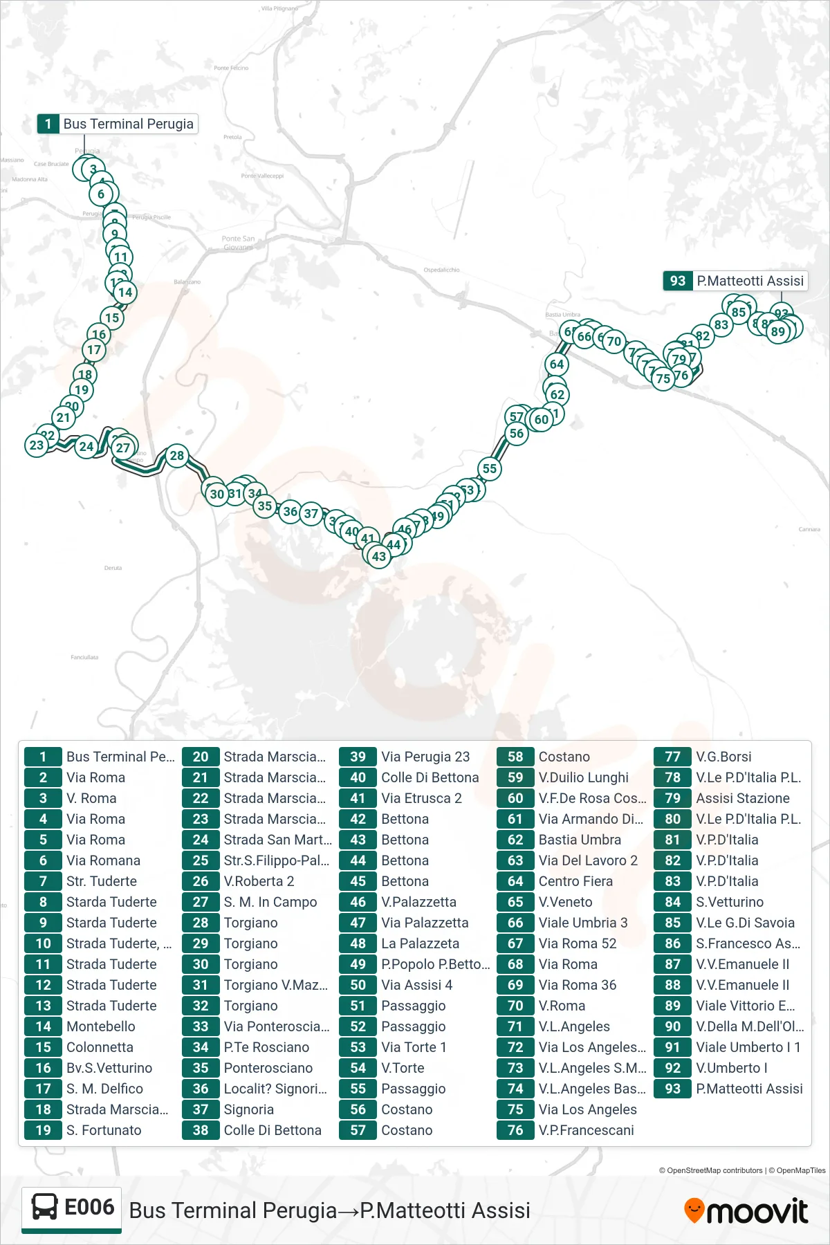 E006 bus Line (Perugia Bus Terminal→Piazza Matteotti Assisi) route and stops on a map