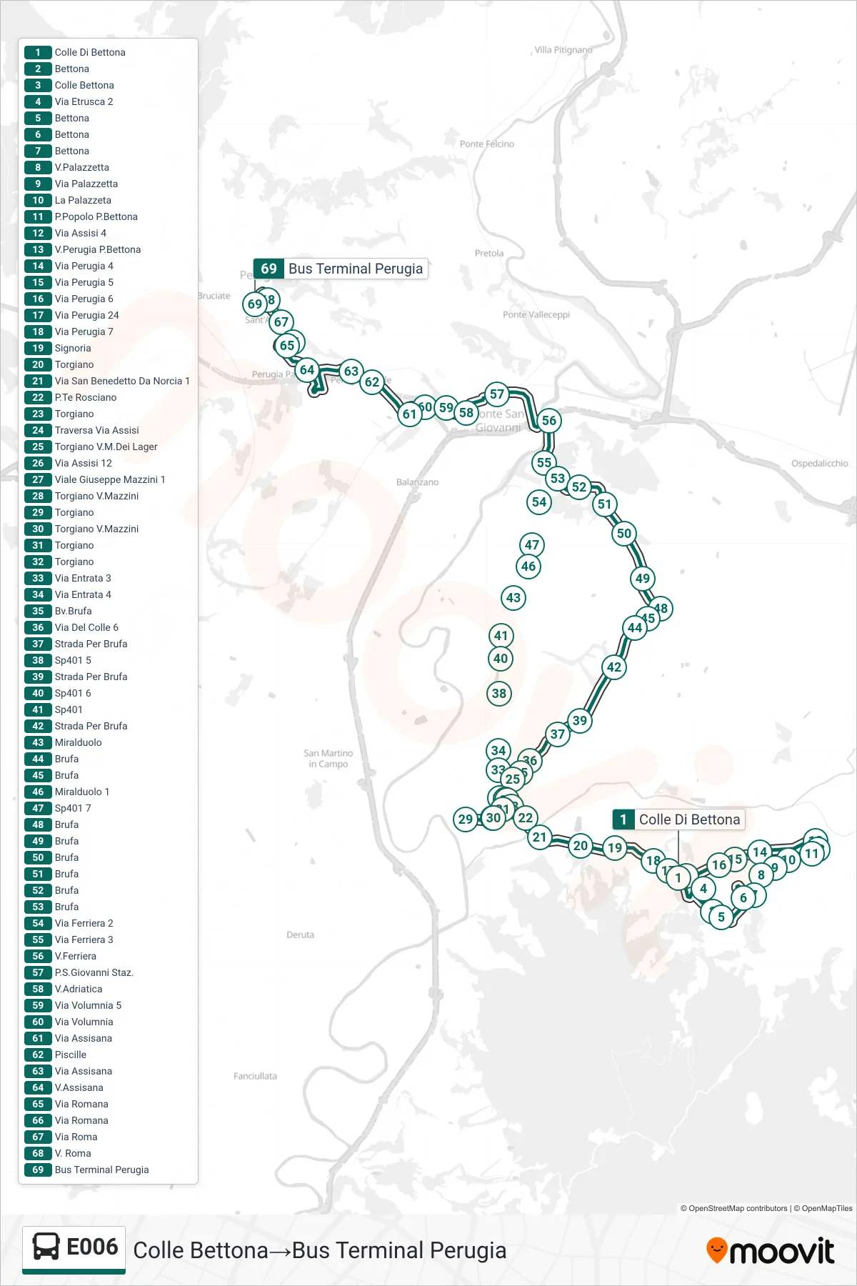 Linea E006  bus (Colle Bettona‎→Bus Terminal Perugia) - Percorsi e fermate sulla mappa
