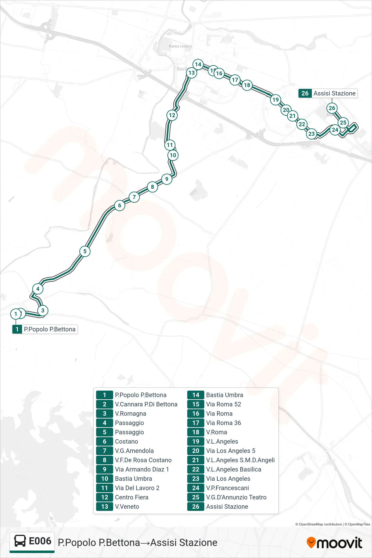 Linea E006  bus (P.Popolo P.Bettona‎→Assisi Stazione) - Percorsi e fermate sulla mappa