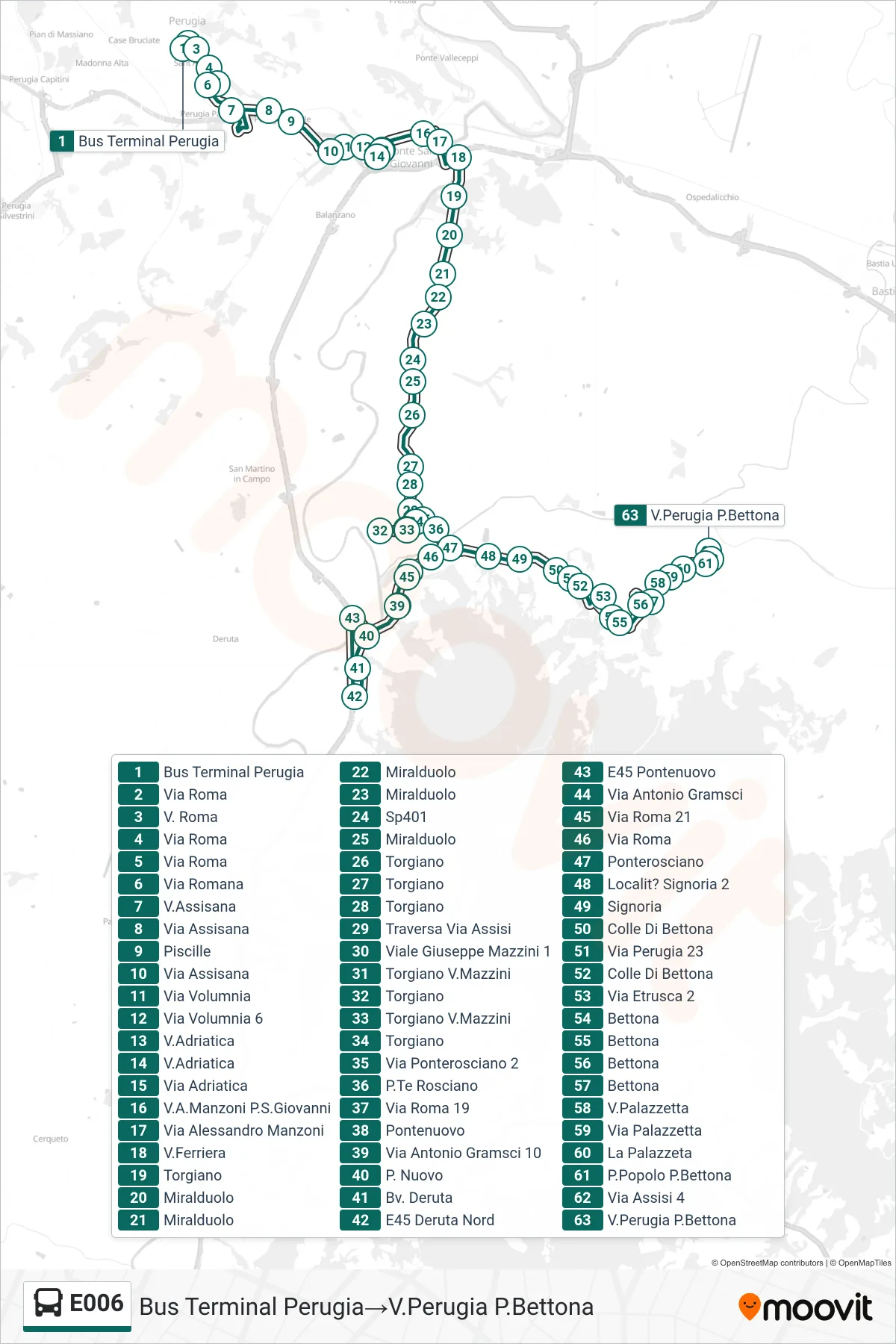 Linea E006  bus (Bus Terminal Perugia‎→V.Perugia P.Bettona) - Percorsi e fermate sulla mappa
