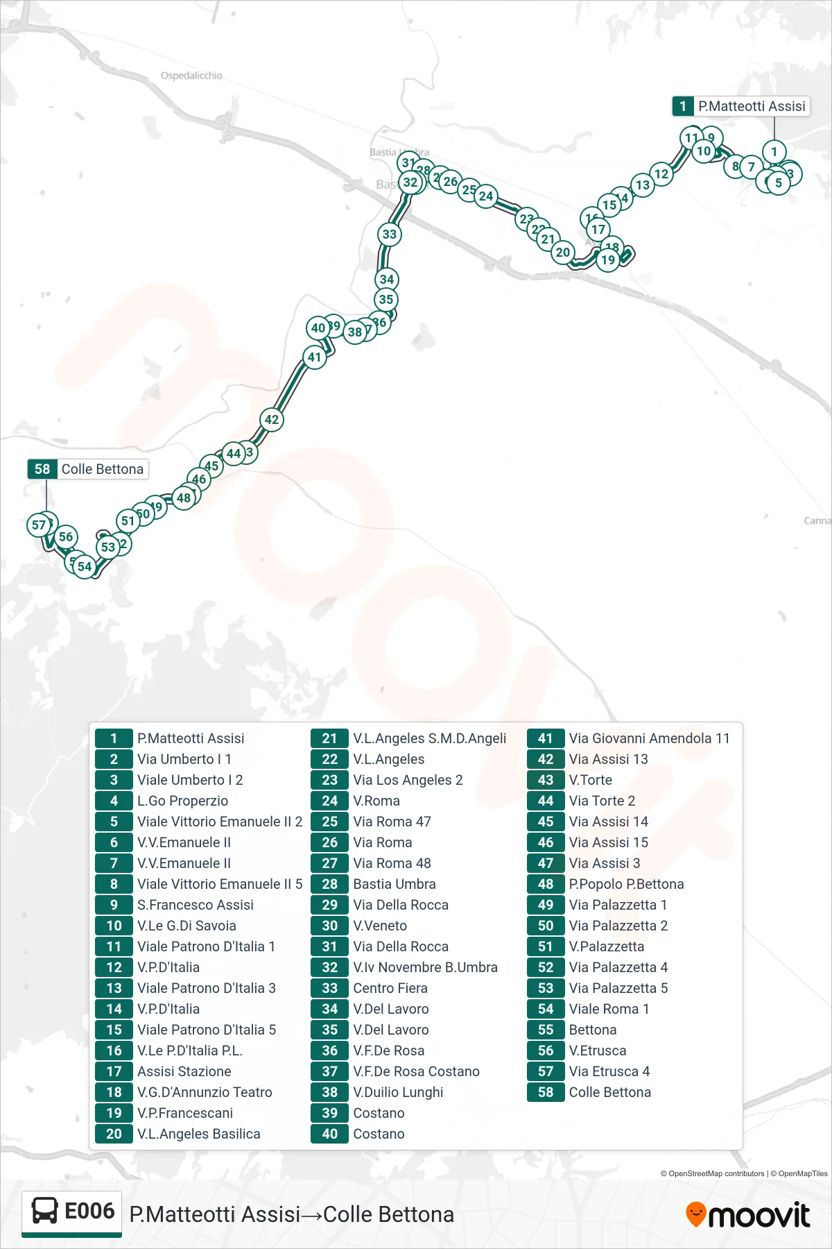 Linea E006  bus (P.Matteotti Assisi‎→Colle Bettona) - Percorsi e fermate sulla mappa