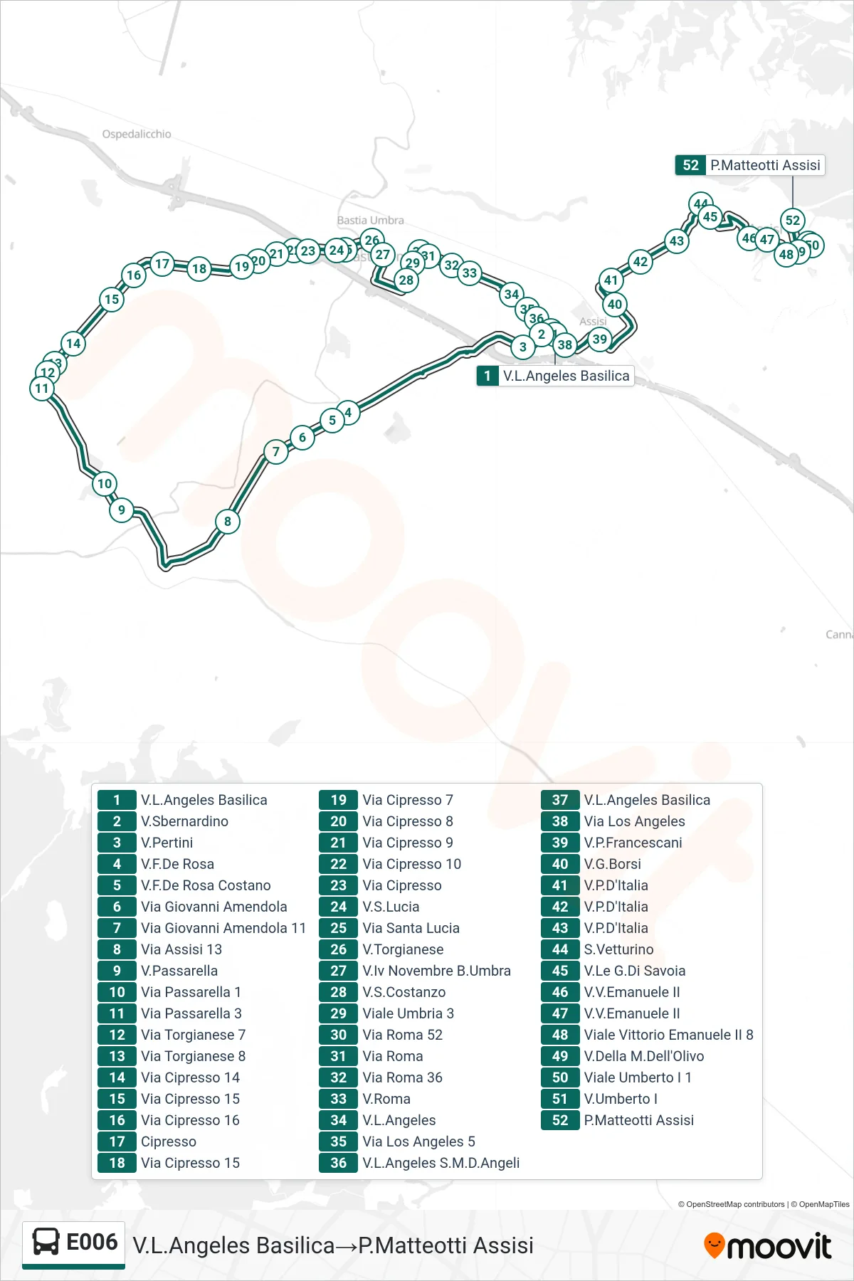 E006 bus Line (Los Angeles Street Basilica→Piazza Matteotti Assisi) route and stops on a map