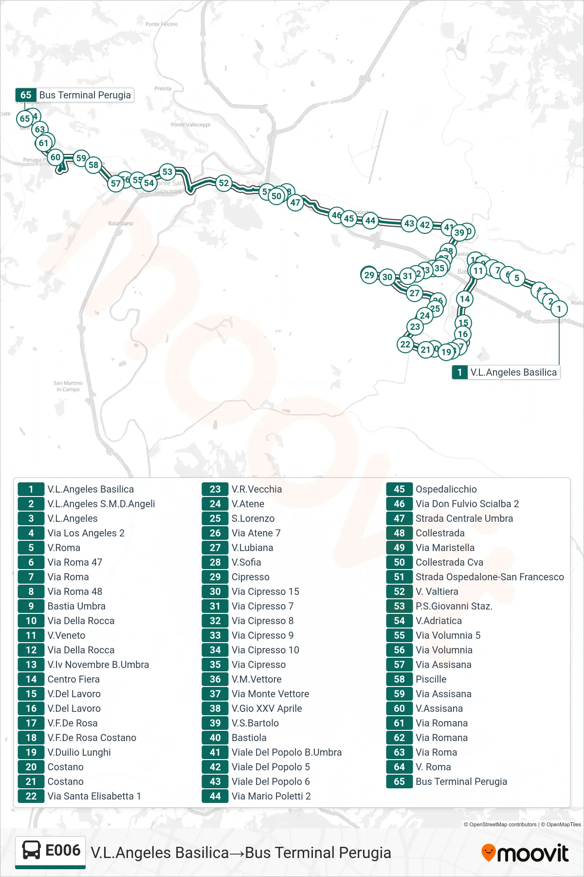 Linea E006  bus (V.L.Angeles Basilica‎→Bus Terminal Perugia) - Percorsi e fermate sulla mappa