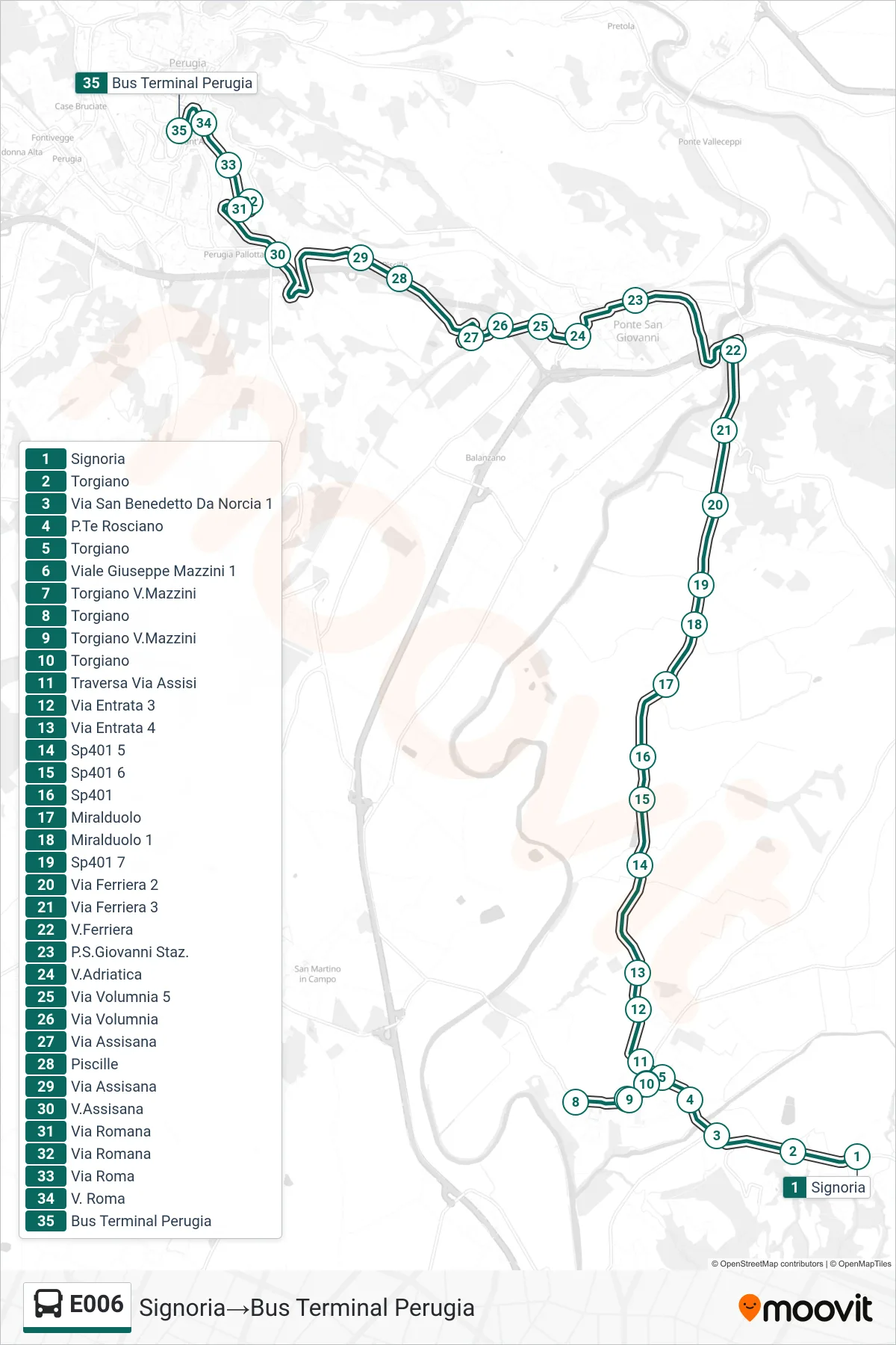 E006 bus Line (Signoria→Perugia Bus Terminal) route and stops on a map