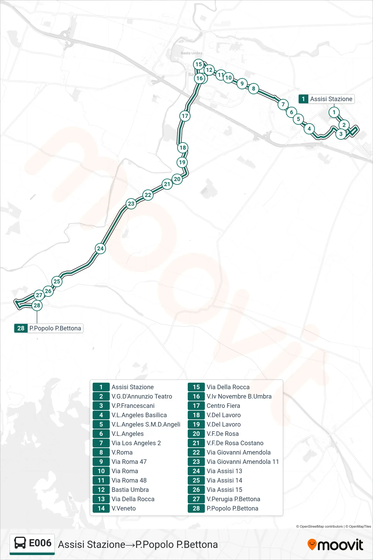 Linea E006 bus (Assisi Stazione→P.Popolo P.Bettona) - Percorsi e fermate sulla mappa