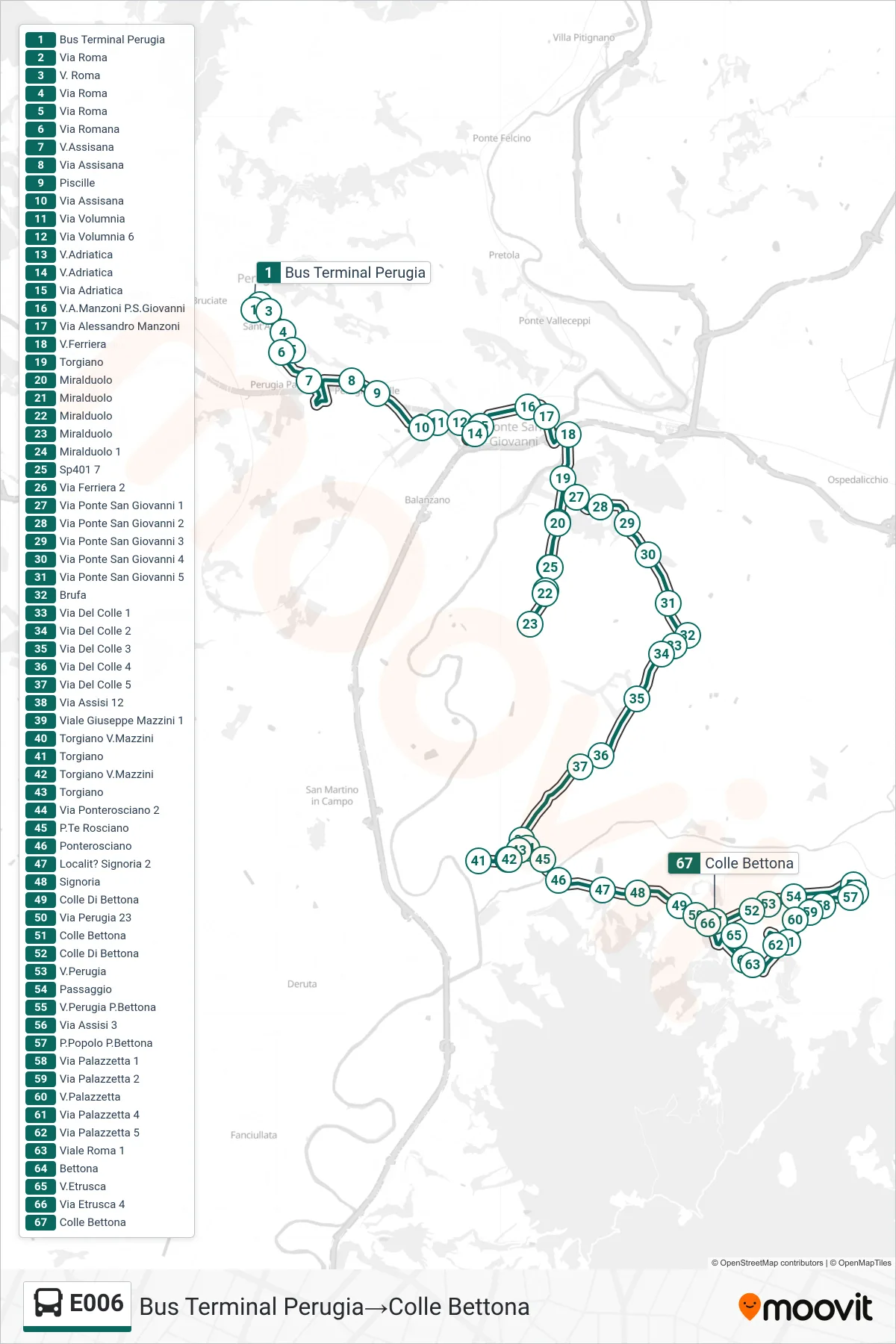 Linea E006  bus (Bus Terminal Perugia‎→Colle Bettona) - Percorsi e fermate sulla mappa