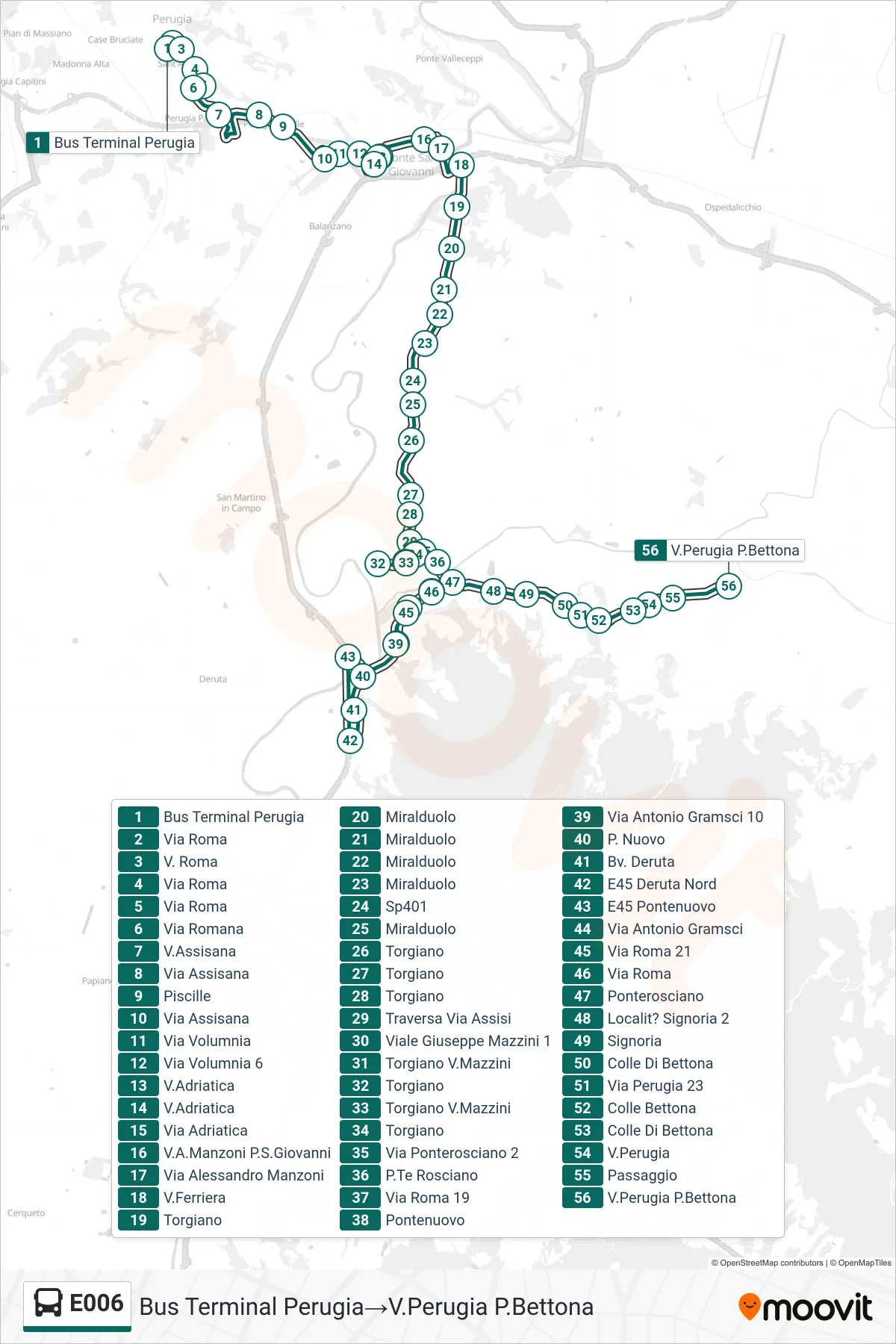 E006 bus Line (Perugia Bus Terminal→Via Perugia Ponte Bettona) route and stops on a map