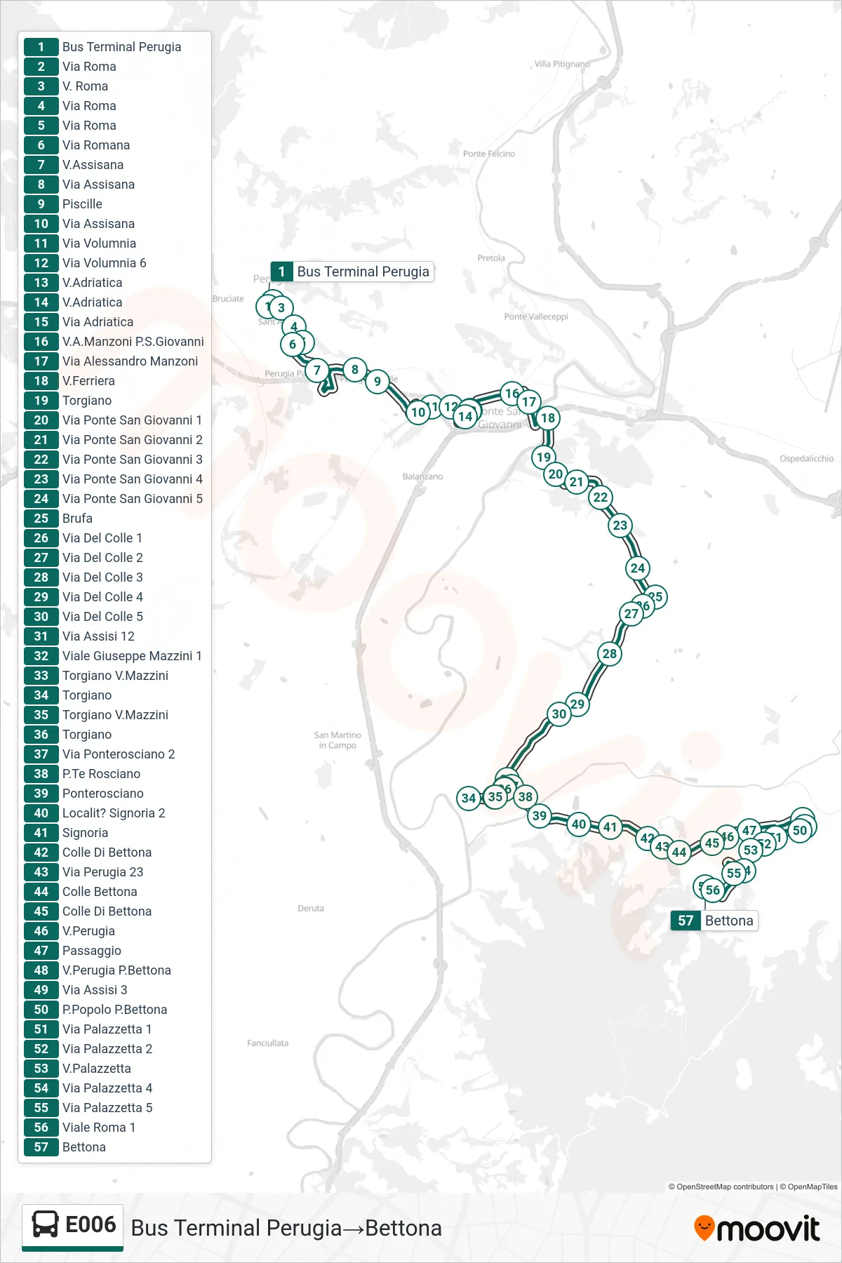 Linea E006 bus (Bus Terminal Perugia→Bettona) - Percorsi e fermate sulla mappa