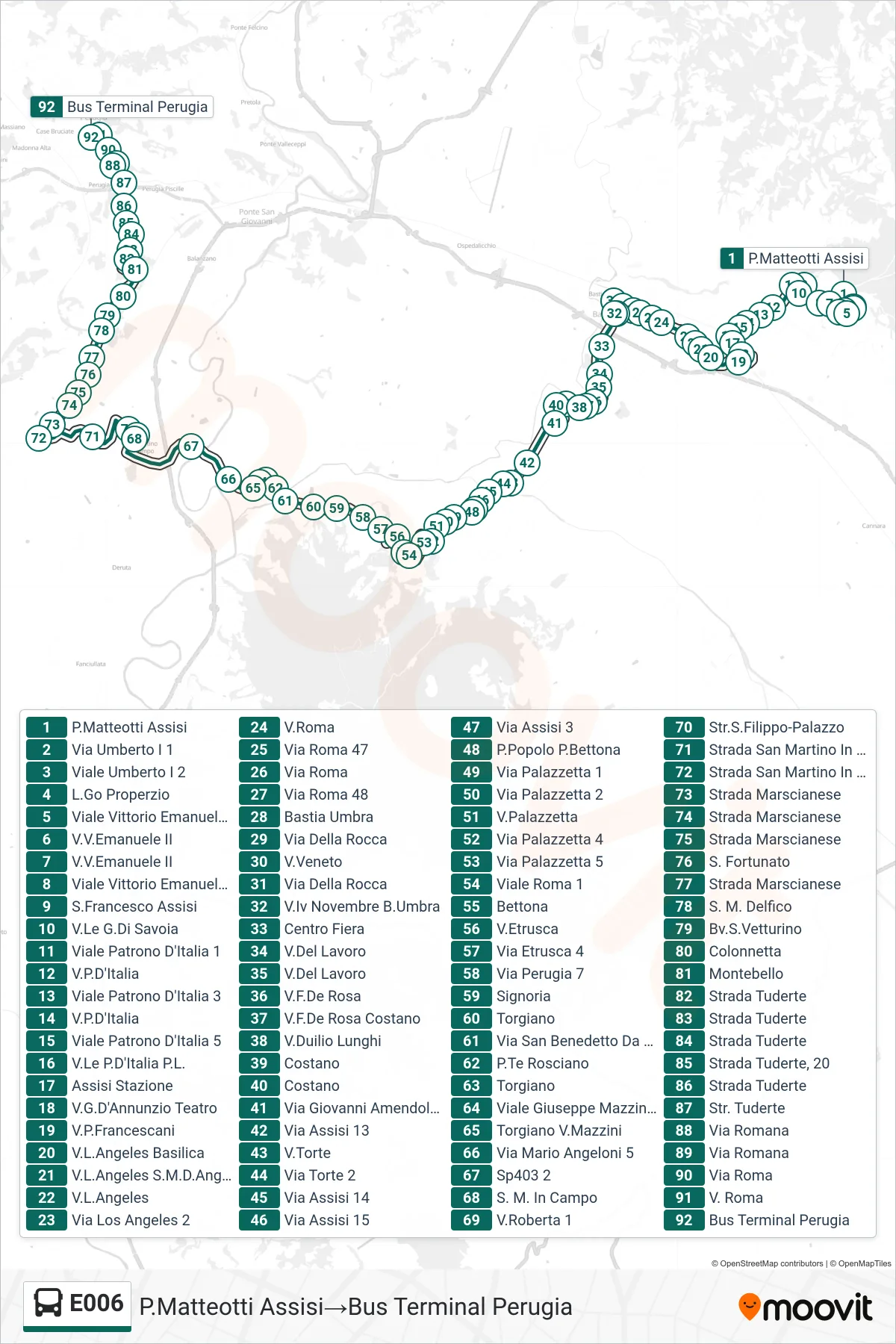 Linea E006 bus (P.Matteotti Assisi→Bus Terminal Perugia) - Percorsi e fermate sulla mappa