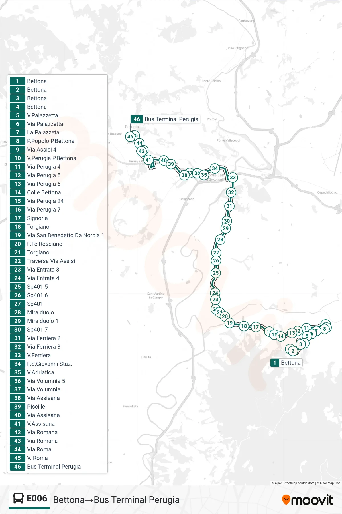 Linea E006 bus (Bettona→Bus Terminal Perugia) - Percorsi e fermate sulla mappa