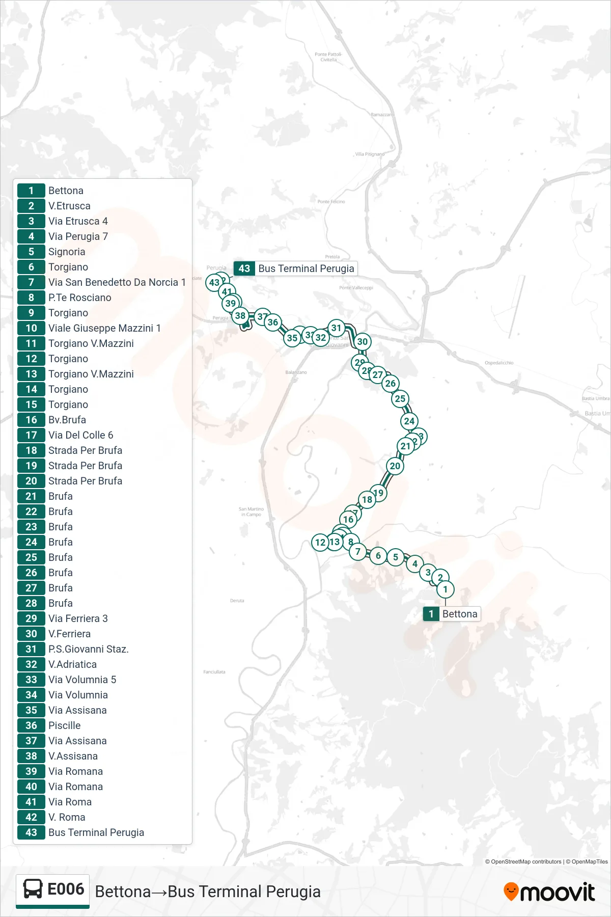 Linea E006  bus (Bettona‎→Bus Terminal Perugia) - Percorsi e fermate sulla mappa