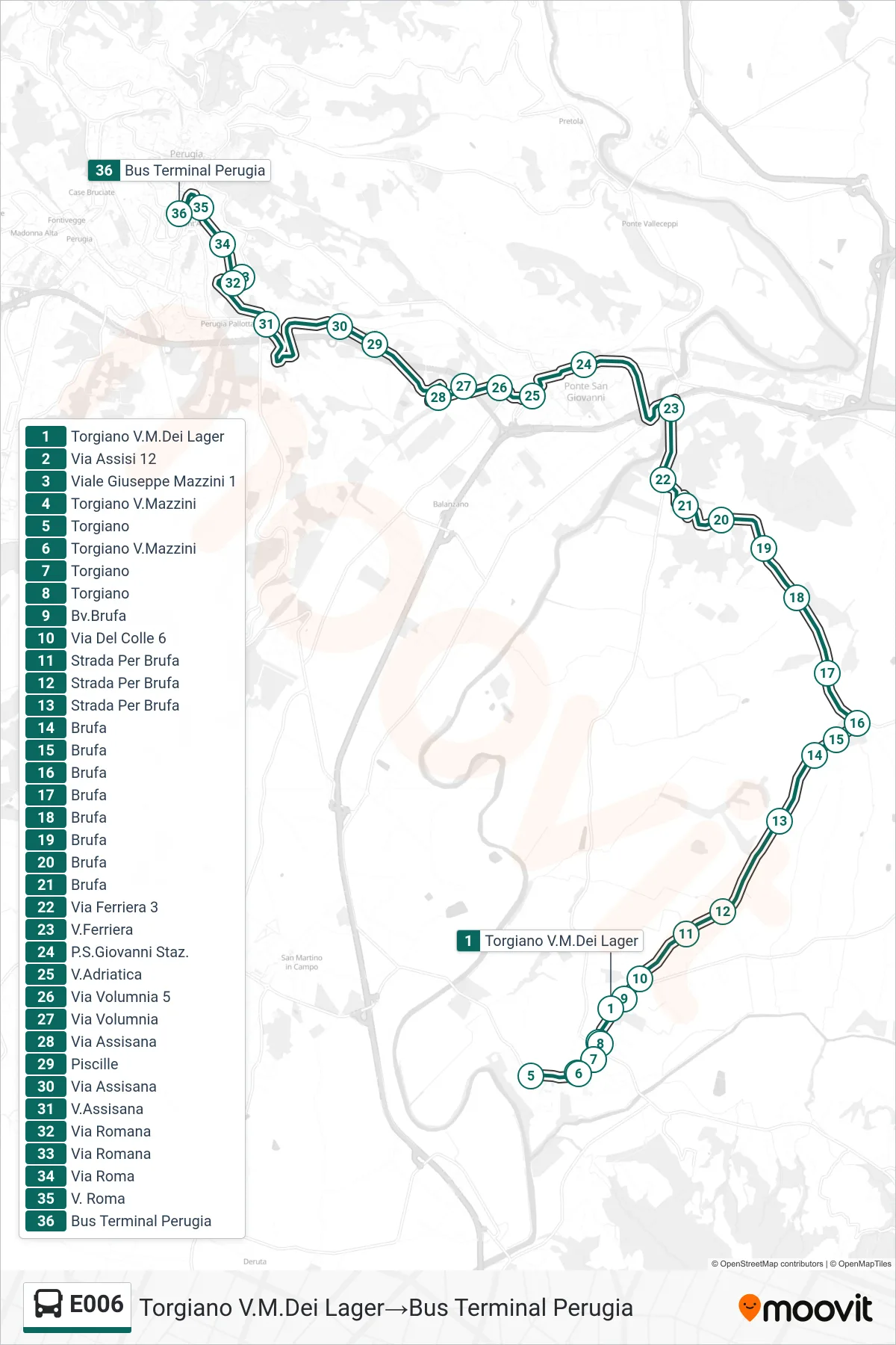 E006 bus Line (Torgiano Via Martiri Dei Lager→Perugia Bus Terminal) route and stops on a map