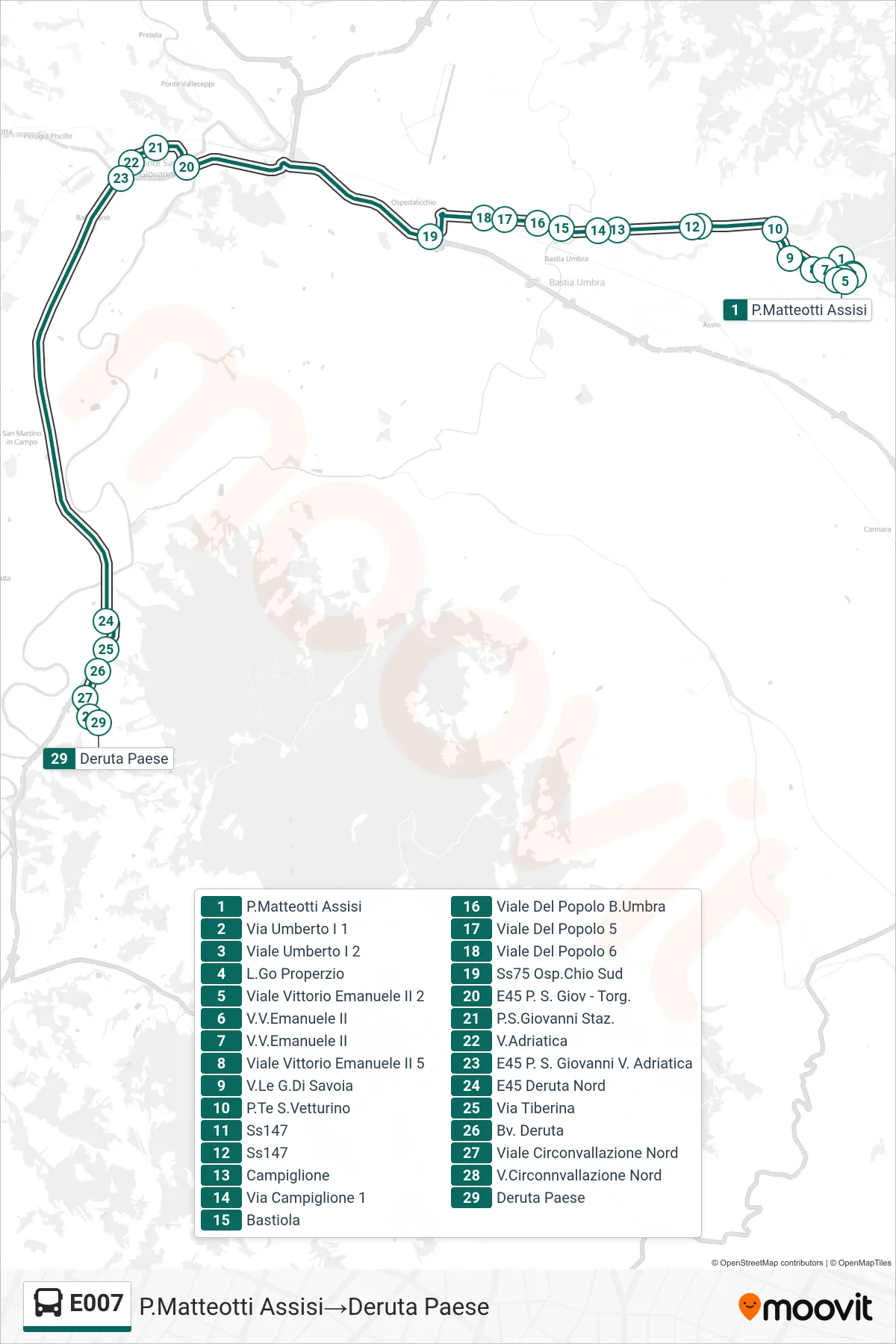 Linea E007  bus (P.Matteotti Assisi‎→Deruta Paese) - Percorsi e fermate sulla mappa