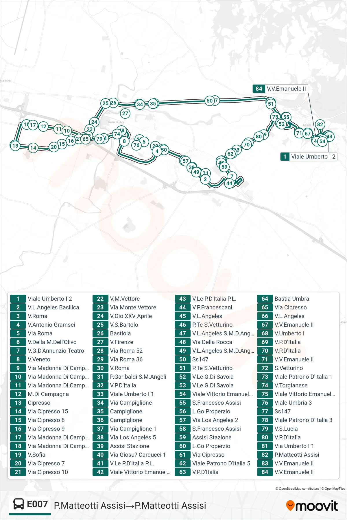 Linea E007  bus (P.Matteotti Assisi‎→P.Matteotti Assisi) - Percorsi e fermate sulla mappa