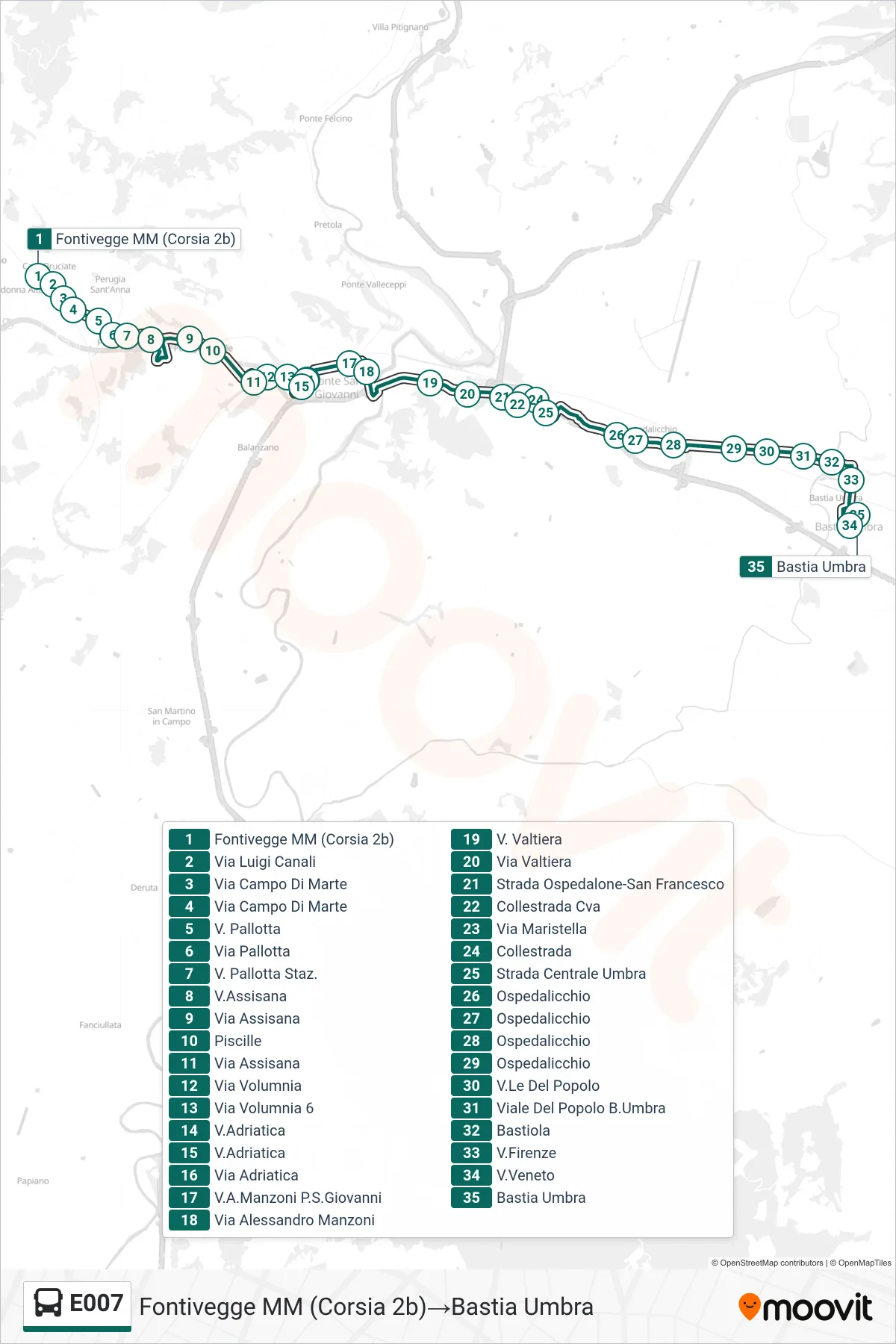 E007 bus Line (Fontivegge MM (Platform 2b)→Bastia Umbra) route and stops on a map