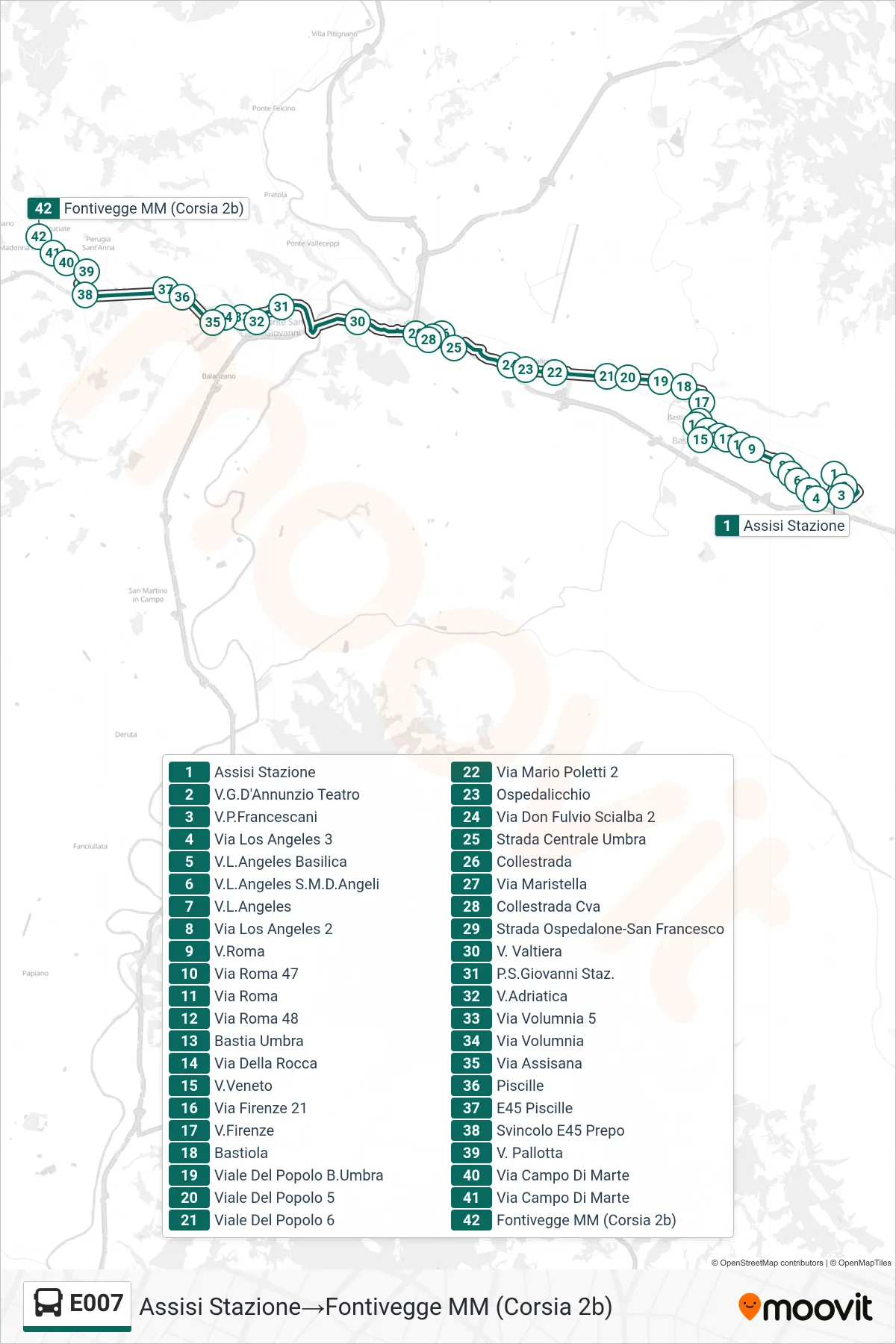 Linea E007 bus (Assisi Stazione→Fontivegge MM (Corsia 2b)) - Percorsi e fermate sulla mappa