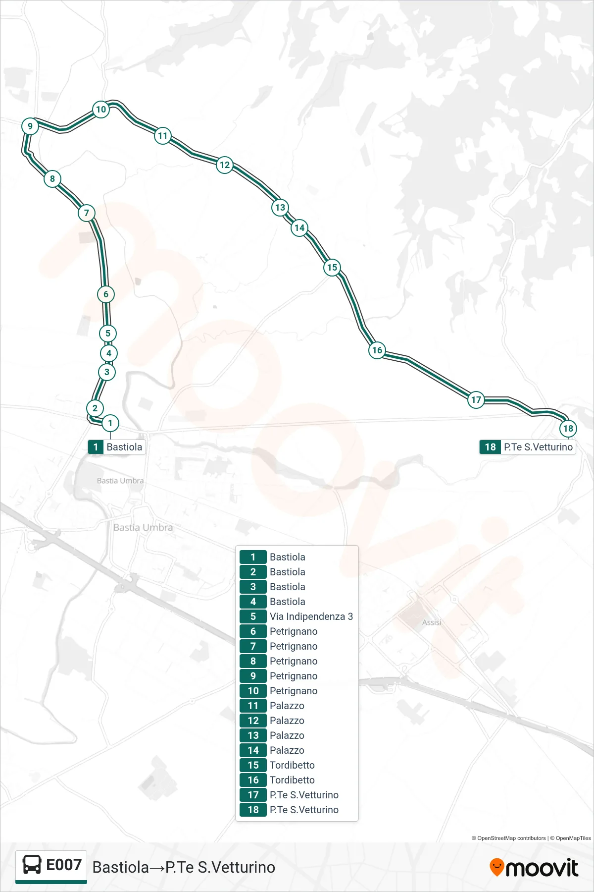 Linea E007  bus (Bastiola‎→P.Te S.Vetturino) - Percorsi e fermate sulla mappa