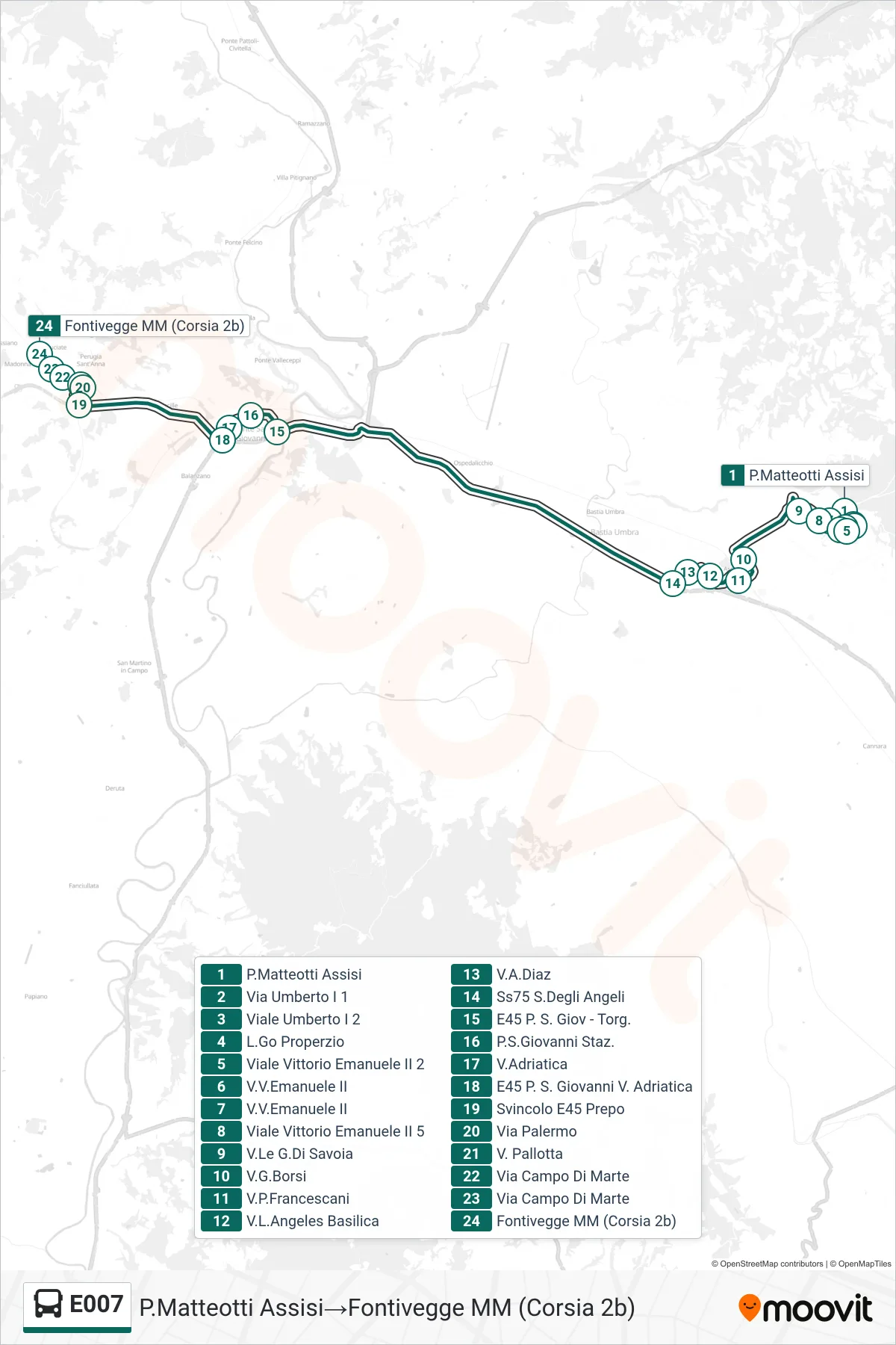 Linea E007 bus (P.Matteotti Assisi→Fontivegge MM (Corsia 2b)) - Percorsi e fermate sulla mappa