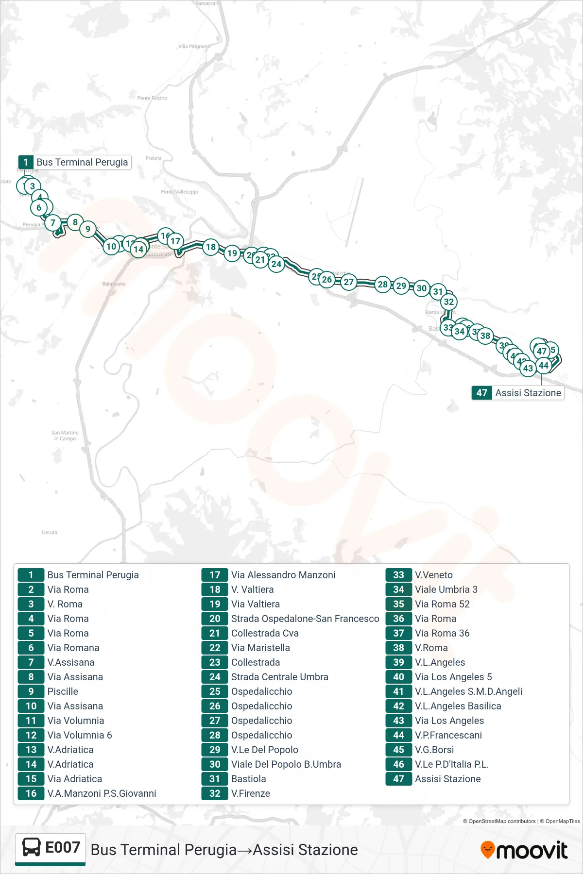 Linea E007 bus (Bus Terminal Perugia→Assisi Stazione) - Percorsi e fermate sulla mappa