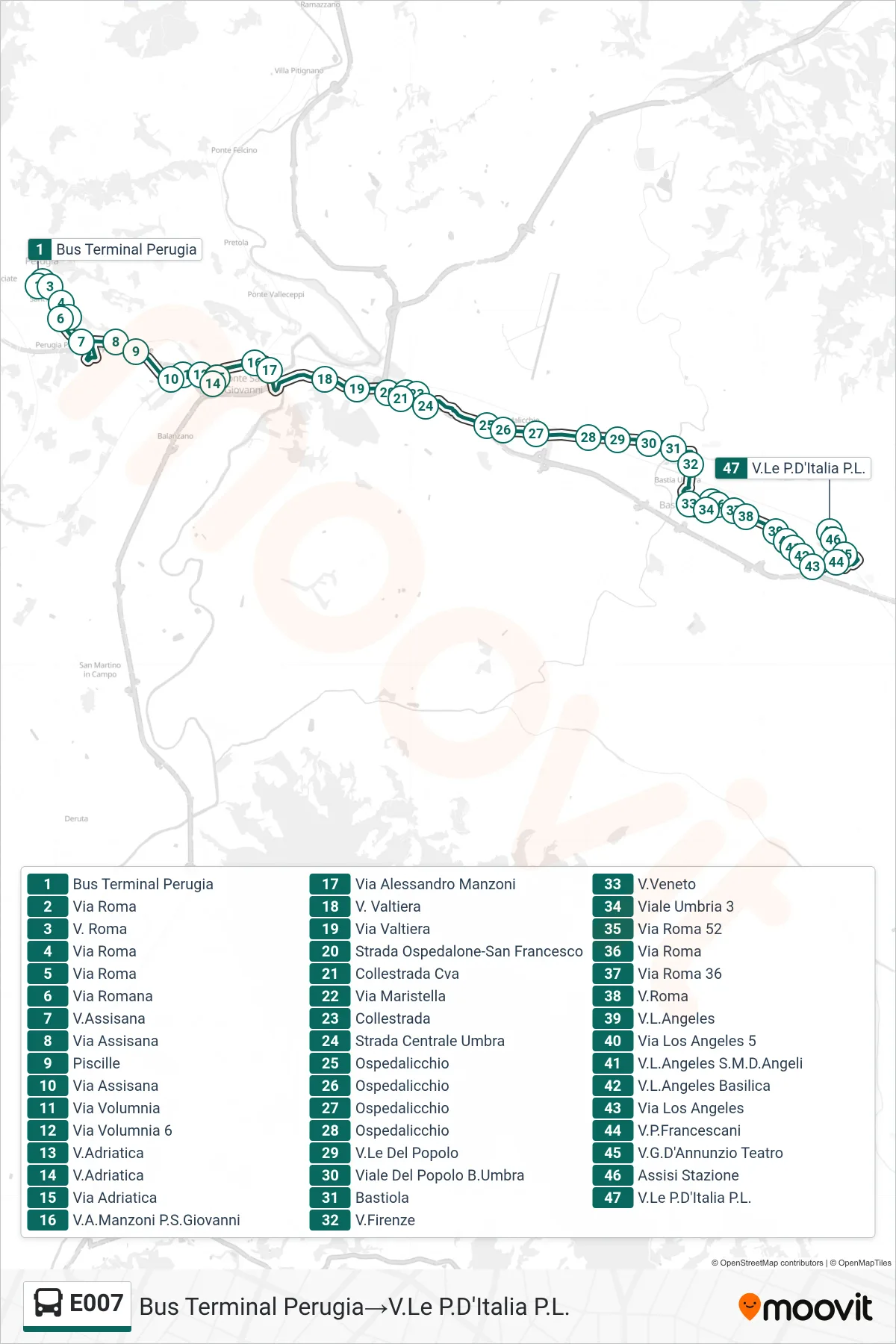 Linea E007  bus (Bus Terminal Perugia‎→V.Le P.D'Italia P.L.) - Percorsi e fermate sulla mappa