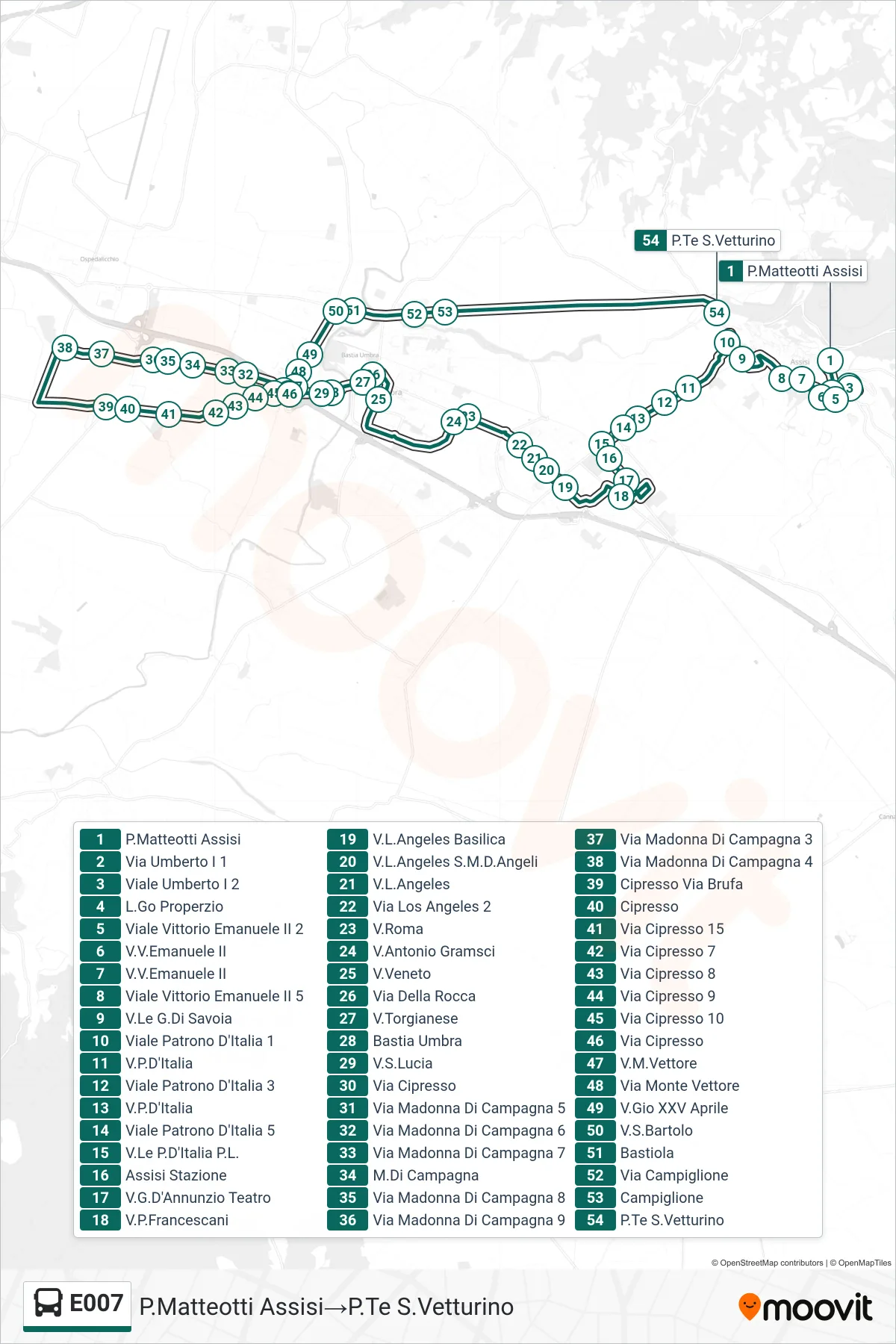 Linea E007  bus (P.Matteotti Assisi‎→P.Te S.Vetturino) - Percorsi e fermate sulla mappa