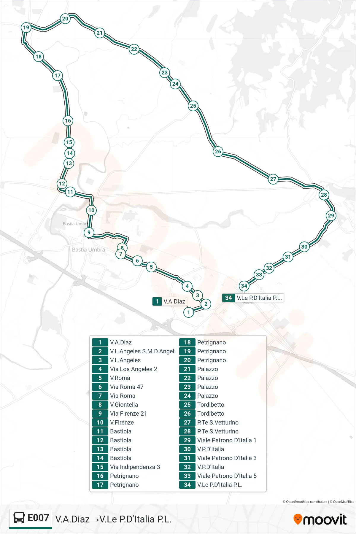 Linea E007  bus (V.A.Diaz‎→V.Le P.D'Italia P.L.) - Percorsi e fermate sulla mappa