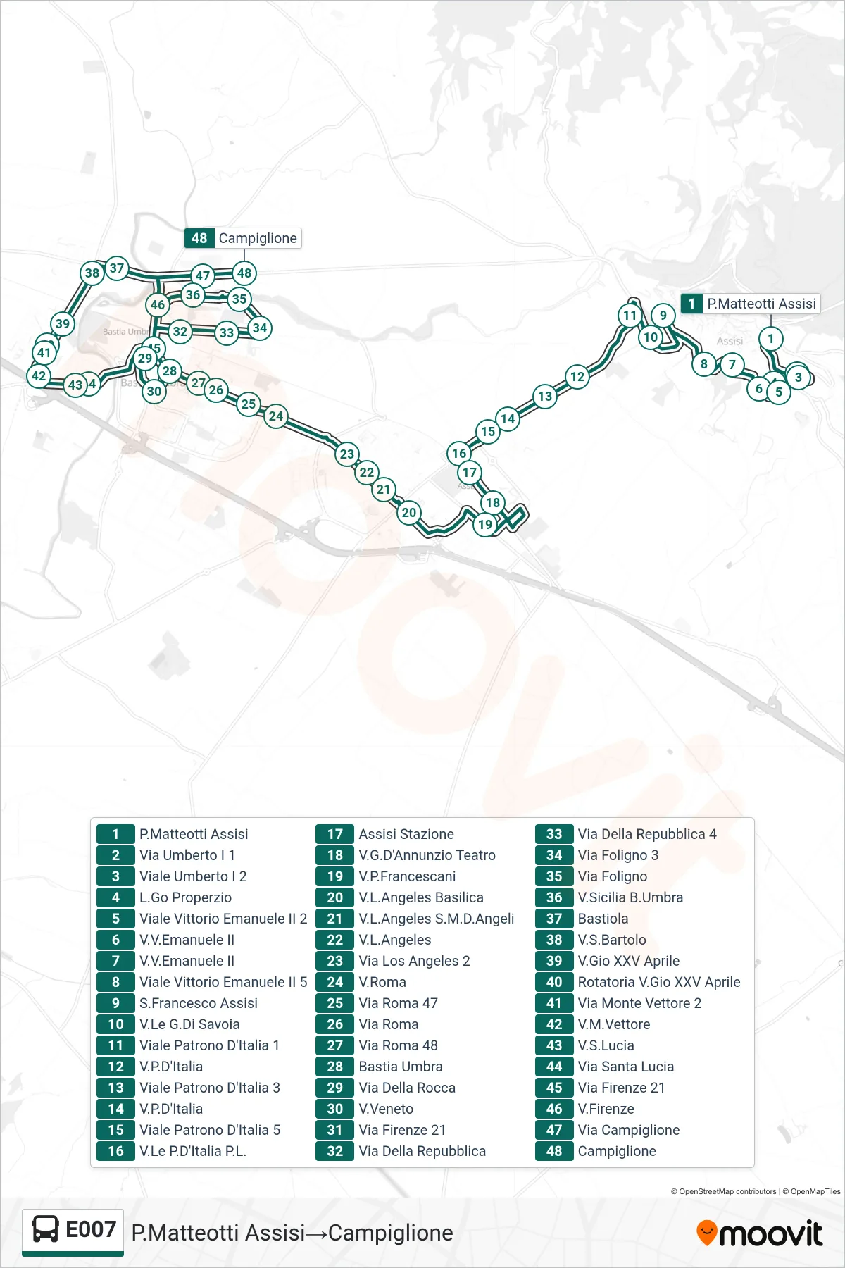 Linea E007 bus (P.Matteotti Assisi→Campiglione) - Percorsi e fermate sulla mappa
