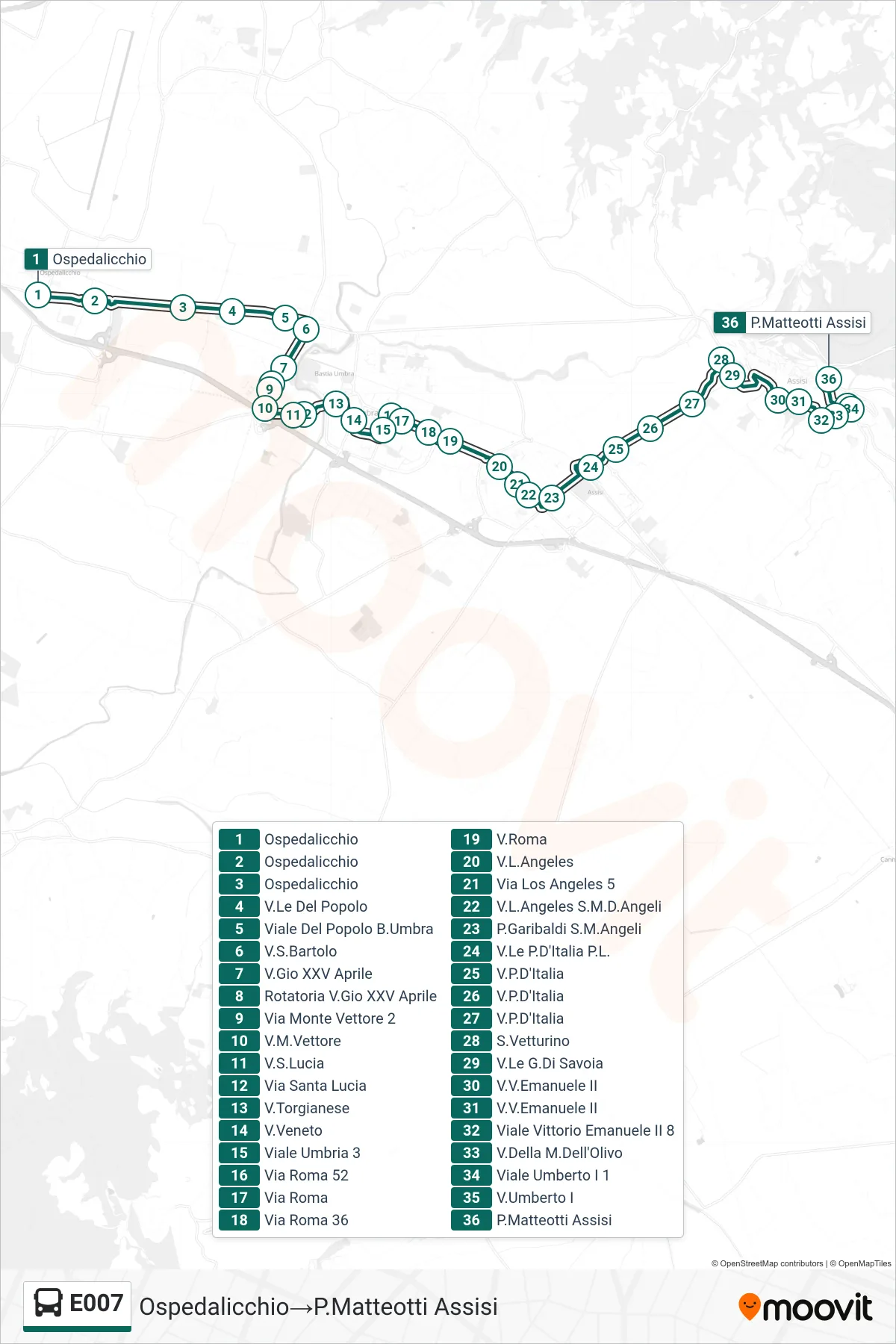 Linea E007  bus (Ospedalicchio‎→P.Matteotti Assisi) - Percorsi e fermate sulla mappa
