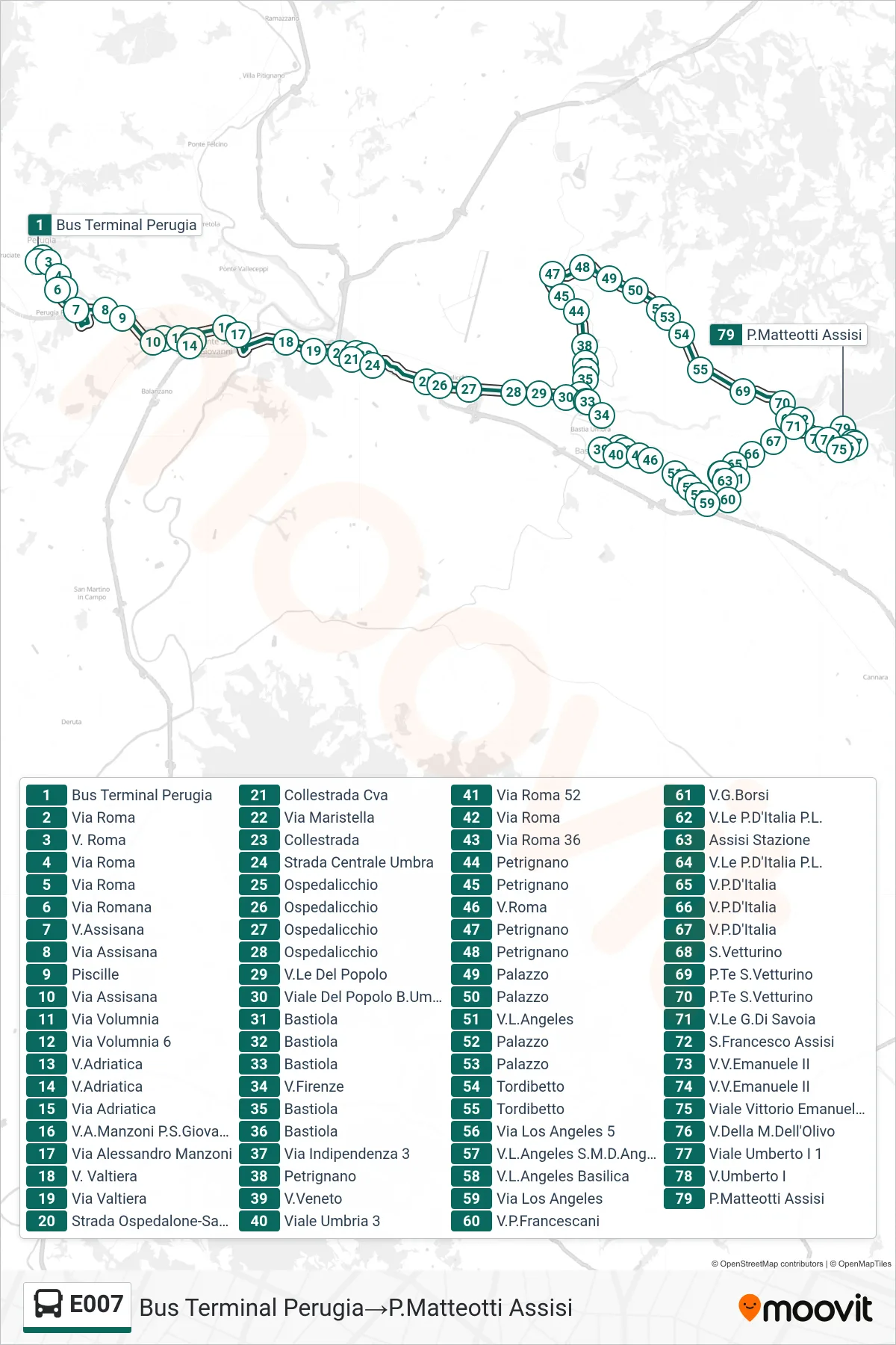 Linea E007  bus (Bus Terminal Perugia‎→P.Matteotti Assisi) - Percorsi e fermate sulla mappa