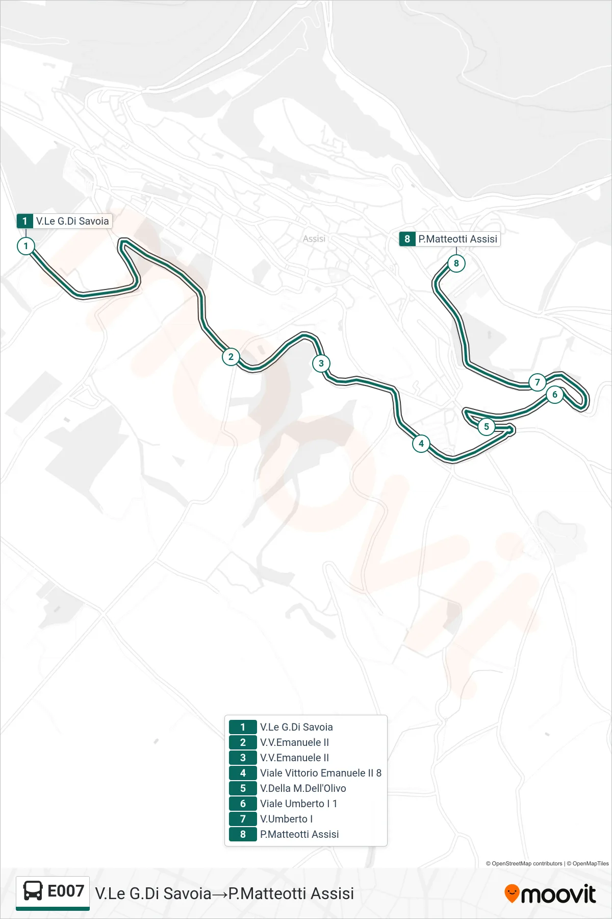 Linea E007  bus (V.Le G.Di Savoia‎→P.Matteotti Assisi) - Percorsi e fermate sulla mappa