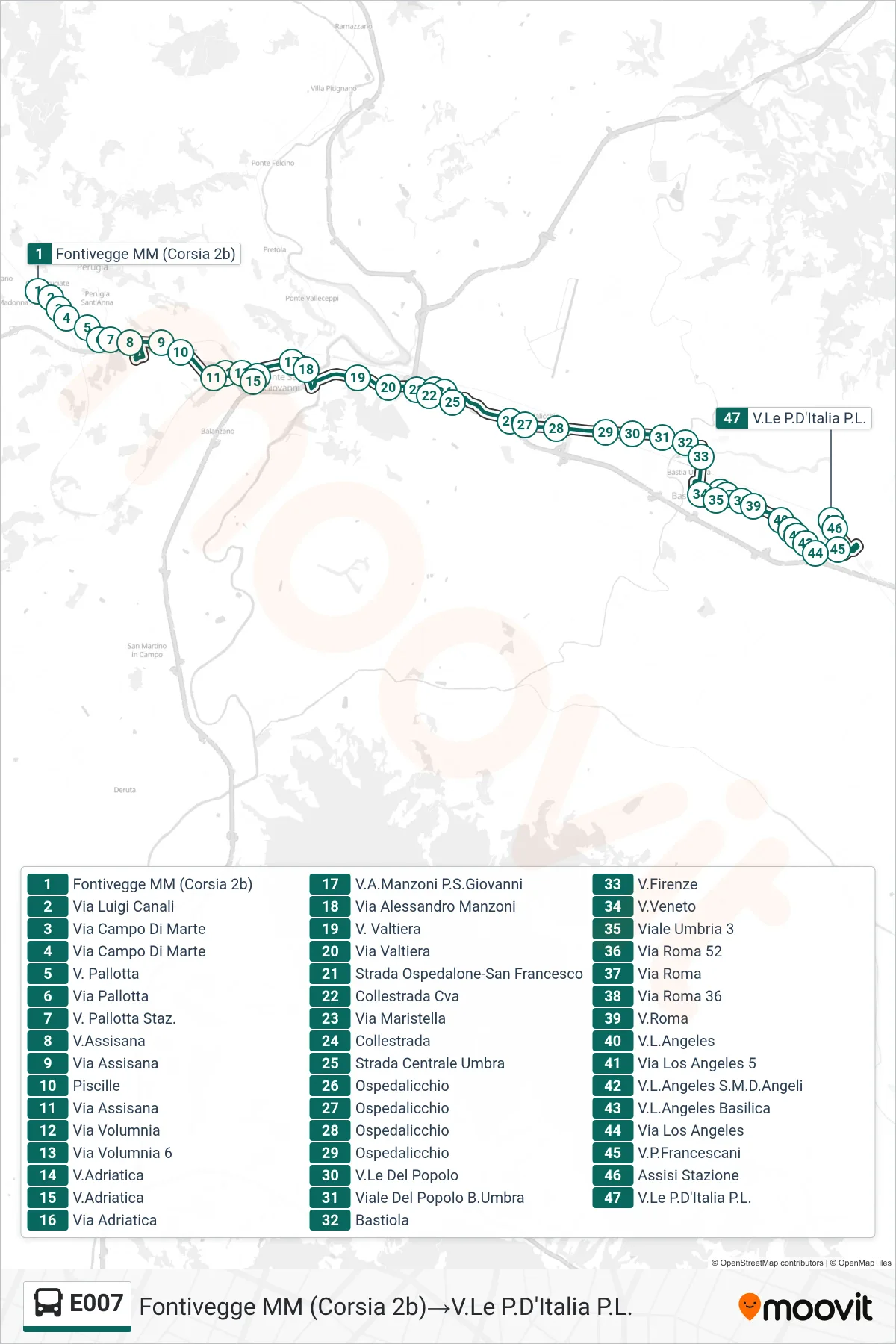 Linea E007  bus (Fontivegge M​M (Corsia 2b)‎→V.Le P.D'Italia P.L.) - Percorsi e fermate sulla mappa