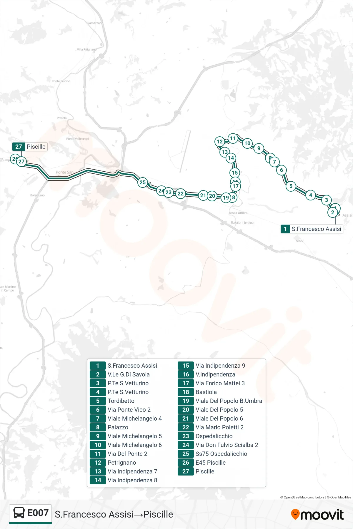 Linea E007  bus (S.Francesco Assisi‎→Piscille) - Percorsi e fermate sulla mappa