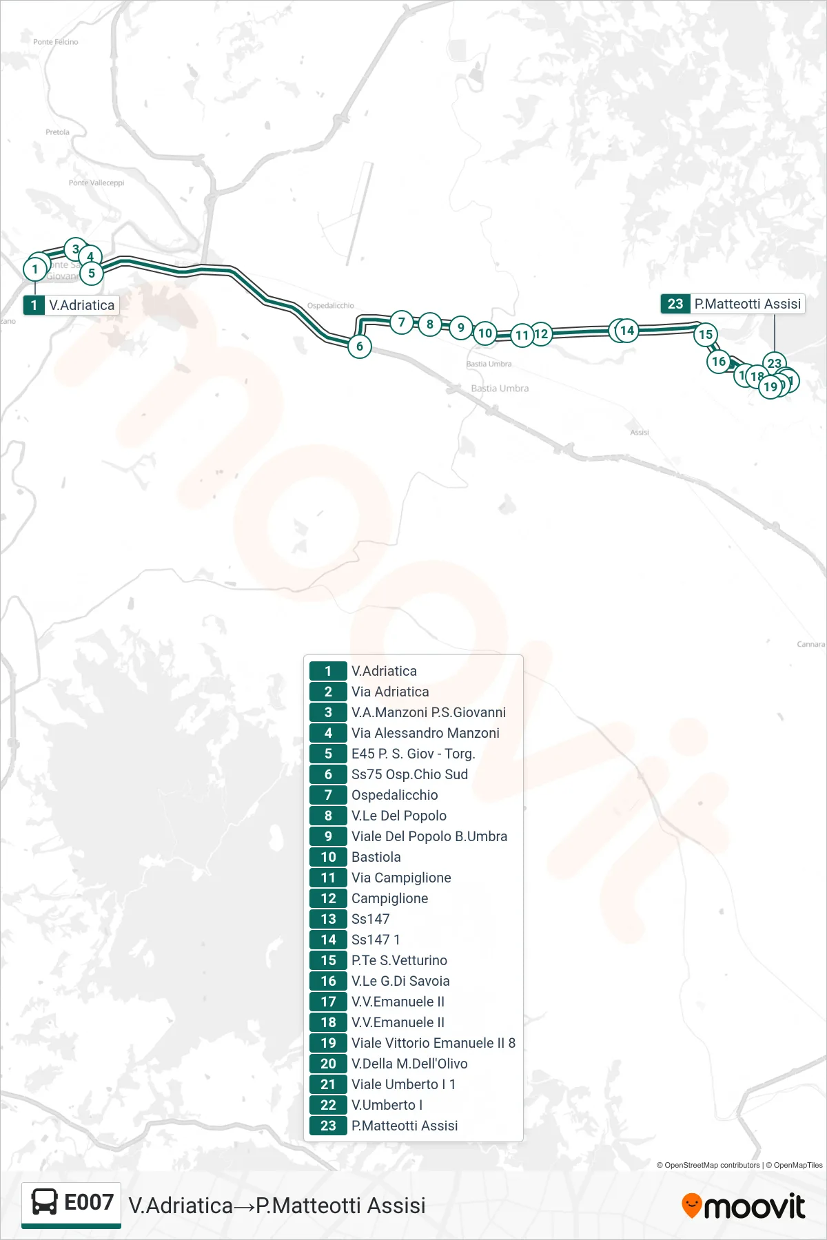 Linea E007  bus (V.Adriatica‎→P.Matteotti Assisi) - Percorsi e fermate sulla mappa