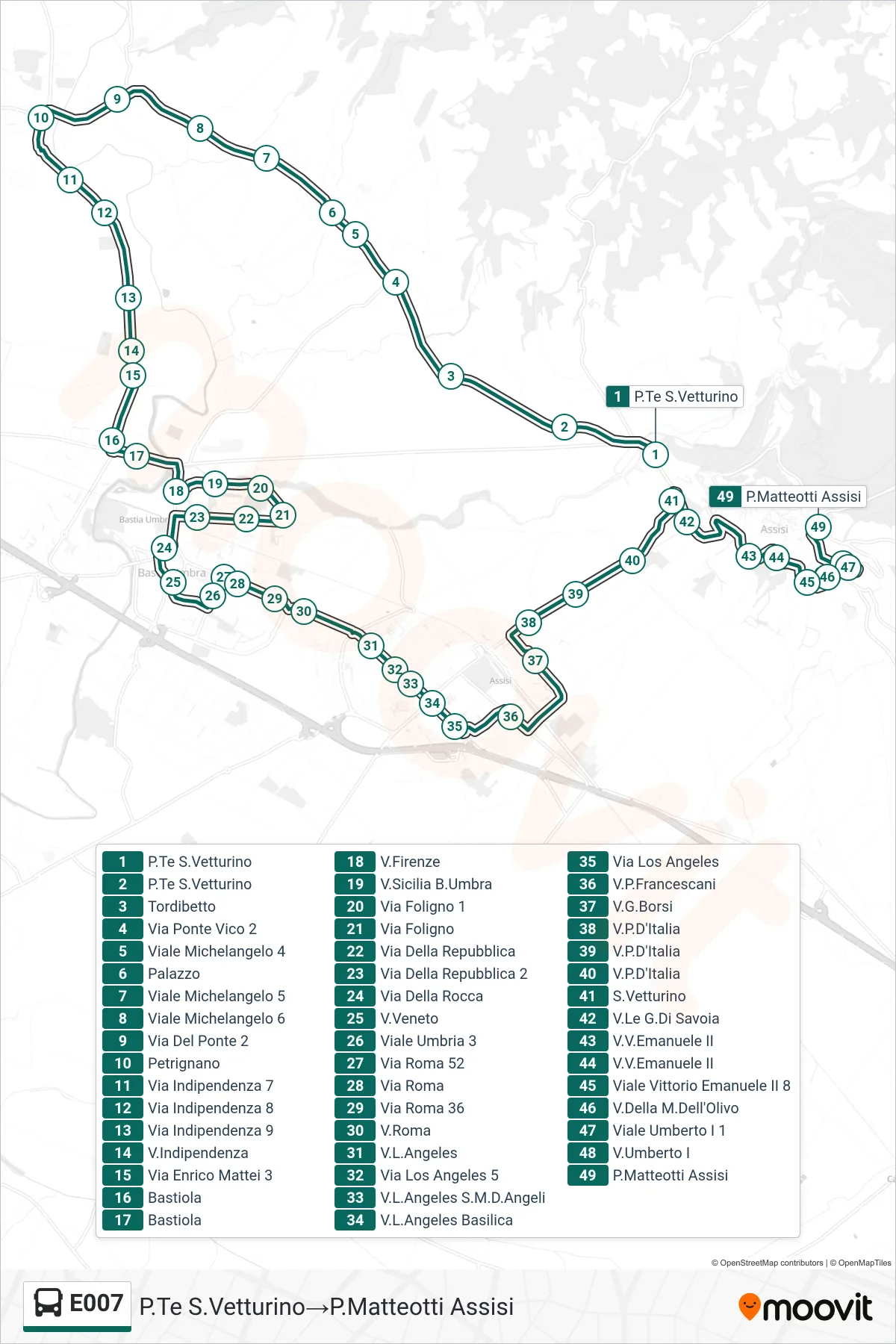 Linea E007  bus (P.Te S.Vetturino‎→P.Matteotti Assisi) - Percorsi e fermate sulla mappa