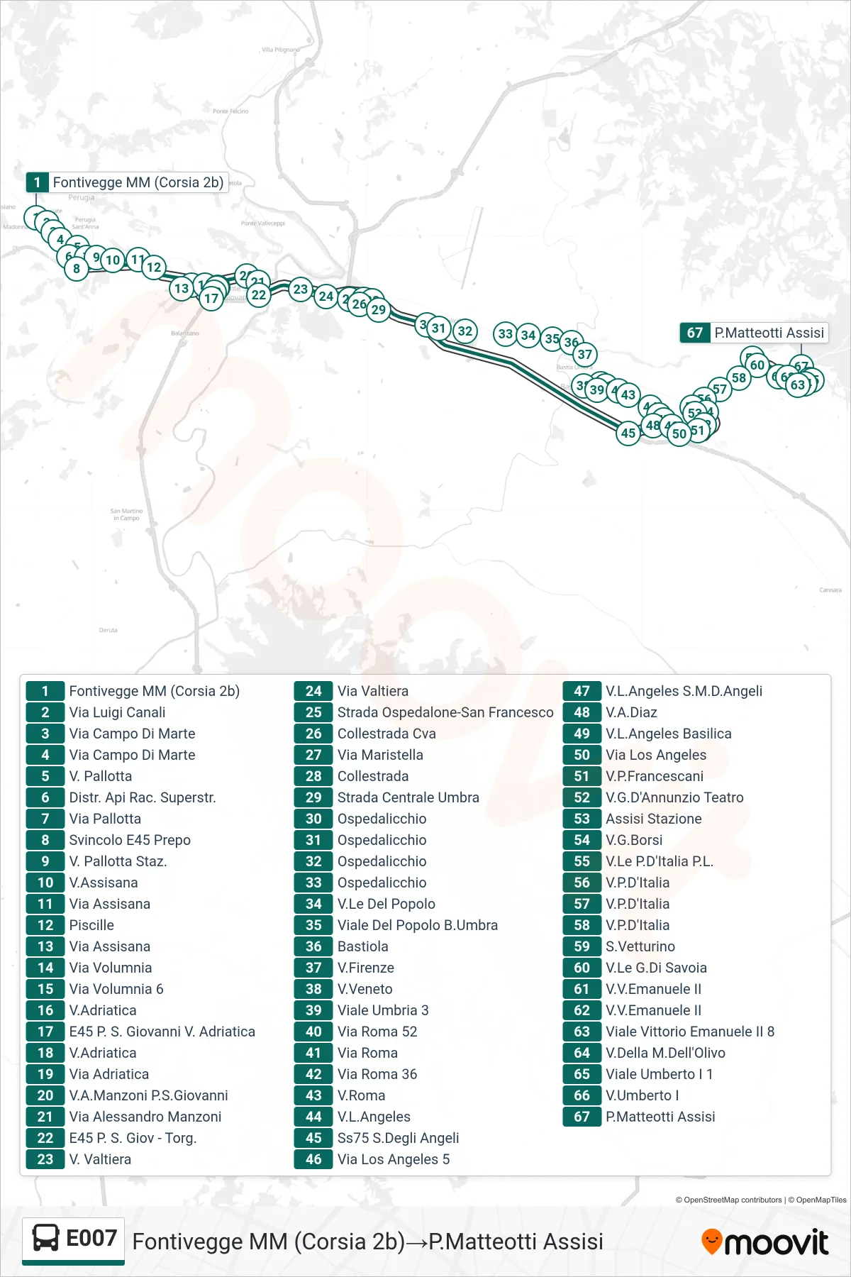 Linea E007  bus (Fontivegge M​M (Corsia 2b)‎→P.Matteotti Assisi) - Percorsi e fermate sulla mappa
