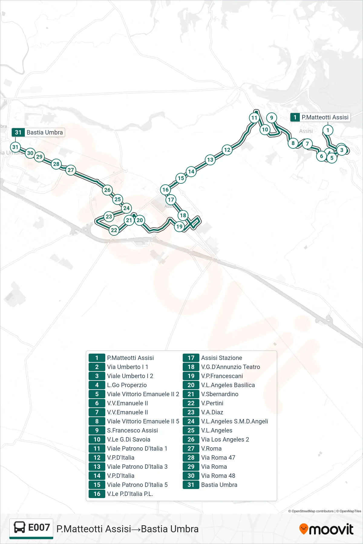 Linea E007 bus (P.Matteotti Assisi→Bastia Umbra) - Percorsi e fermate sulla mappa