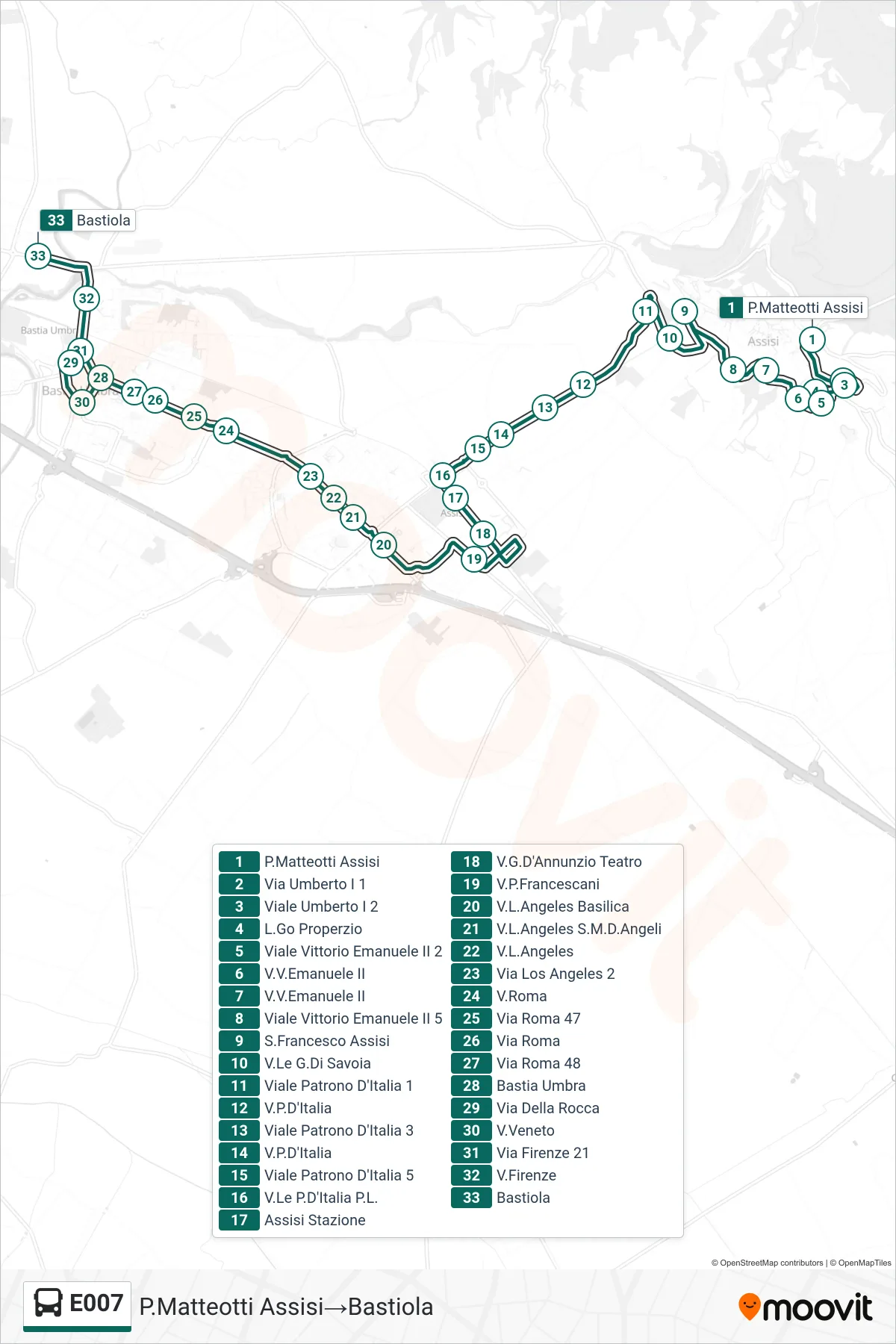 Linea E007  bus (P.Matteotti Assisi‎→Bastiola) - Percorsi e fermate sulla mappa