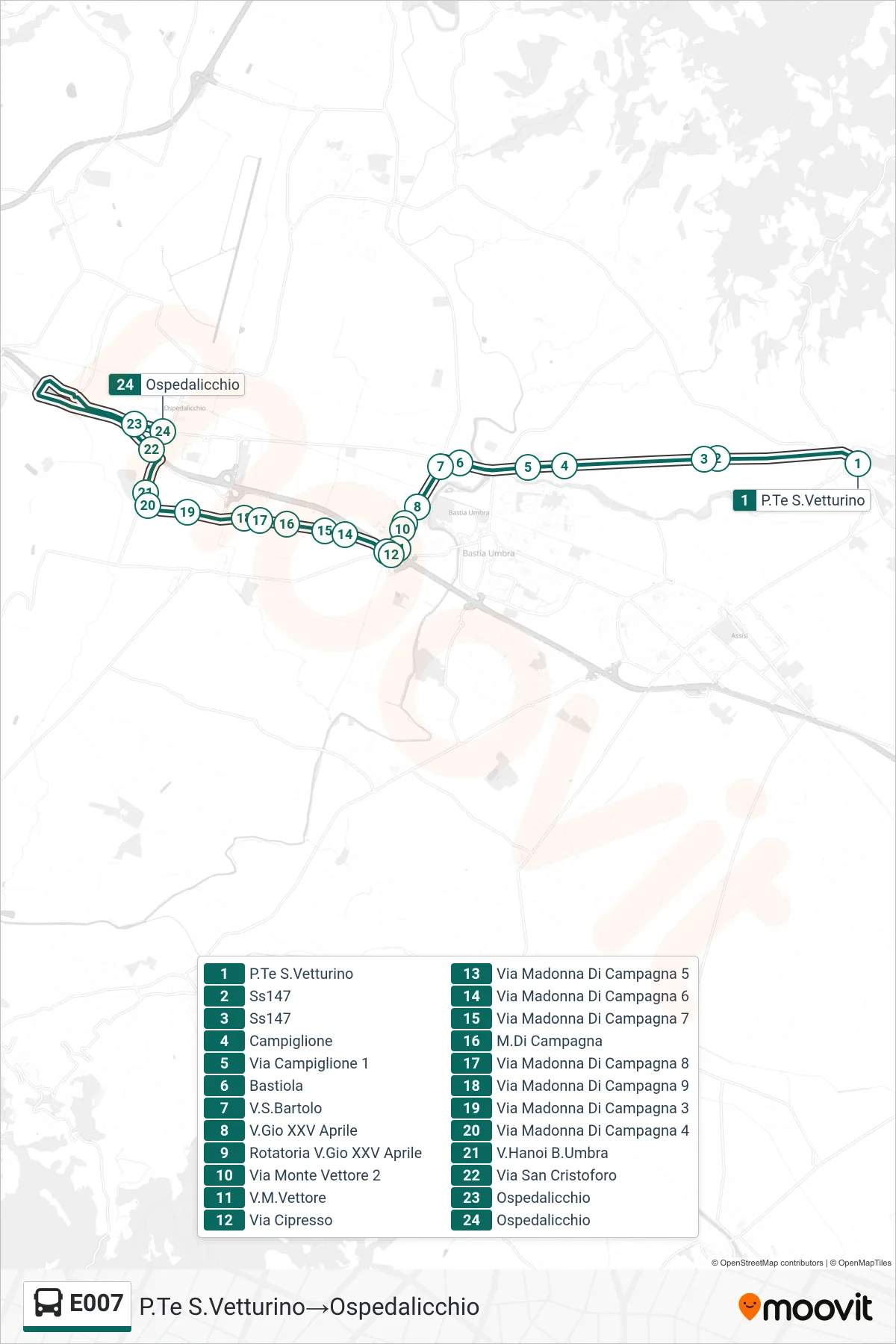 Linea E007  bus (P.Te S.Vetturino‎→Ospedalicchio) - Percorsi e fermate sulla mappa